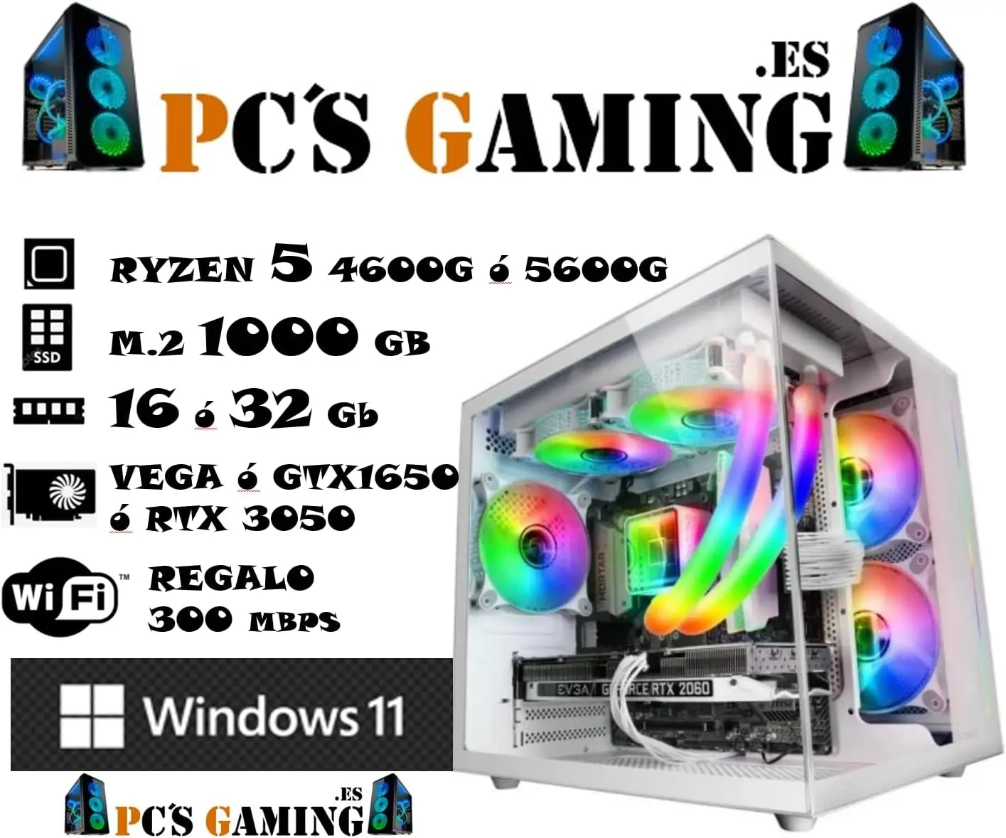 PC Gaming • p-one • customized with your name • AMD RYZEN 5 4600G 6x4,20ghz • Nvidia GTX 1650 • 16gb RAM DDR4 • M.2 1 TB • Windows 11 Pro • PC Gamer • desktop computer with RGB (p-one)