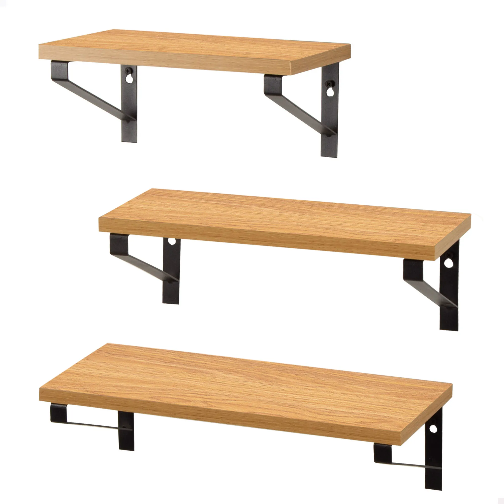 Max Home - Set 3 estantes pared de madera, 42, 34 y 28 cm, Peso máximo 6 kg, estructura metálica negra, estilo industrial, para salón, cocina, comedor, dormitorio, oficina, baño, librería, estantes