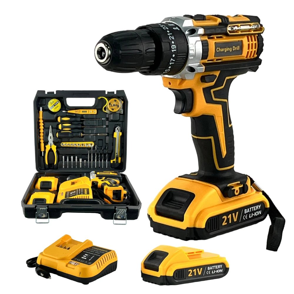 High power 21V line Hd cordless screwdriver; Rechargeable drill with 2 lithium batteries; 1350rpm speed; 3 functions and 2 speeds. Home improvement DIY multifunctional tool