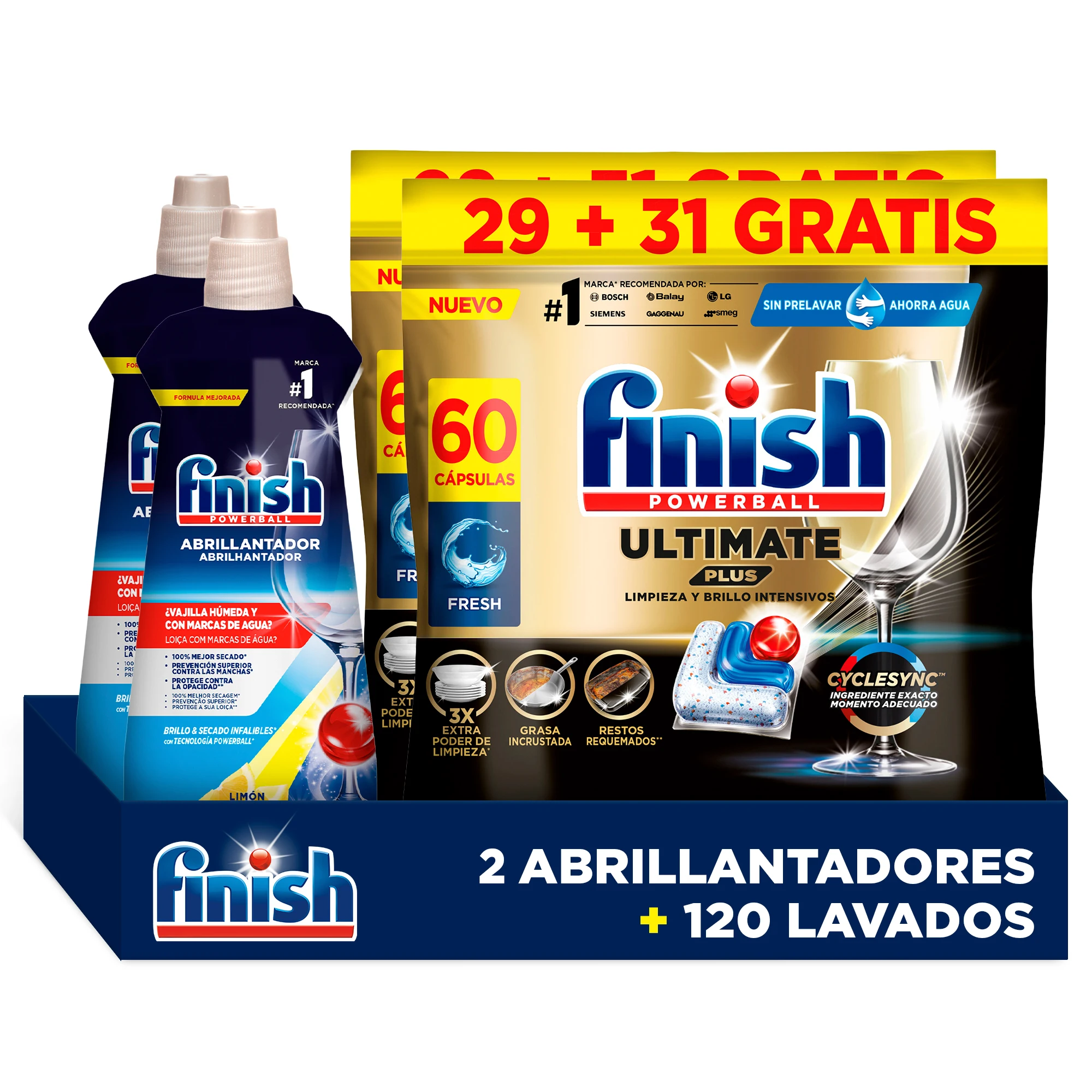 Finish Pack Brillo Total – x120 Ultimate Plus (Formato 2x60 Pastillas) + 2x Abrillantador Limón 500ml