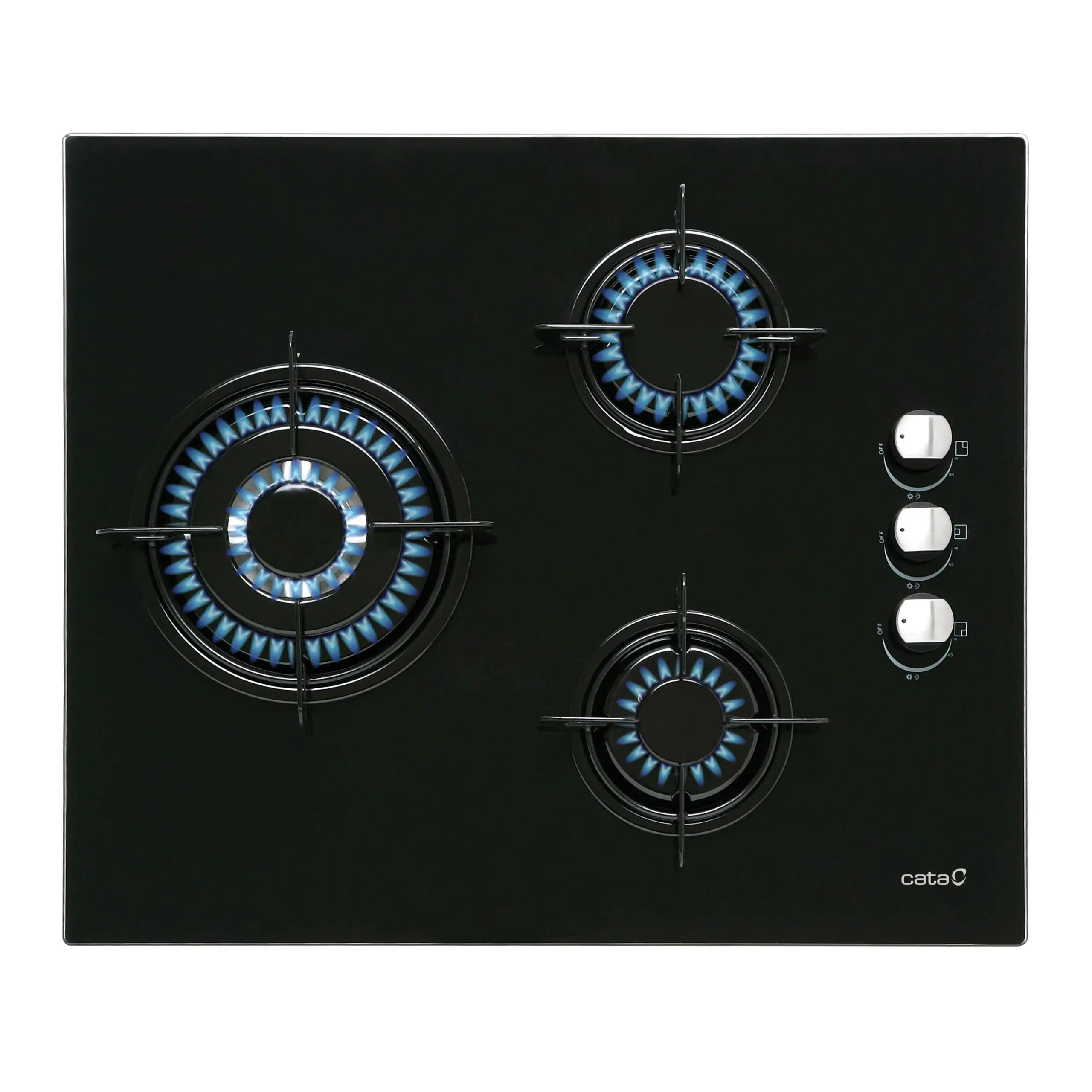 PLACA A GAS NATURAL SUPERFICIE CRISTAL 58,4CM 3 ZONAS FUEGO 1CM CATA CIB-6021 BK | NEGRO, 8100W