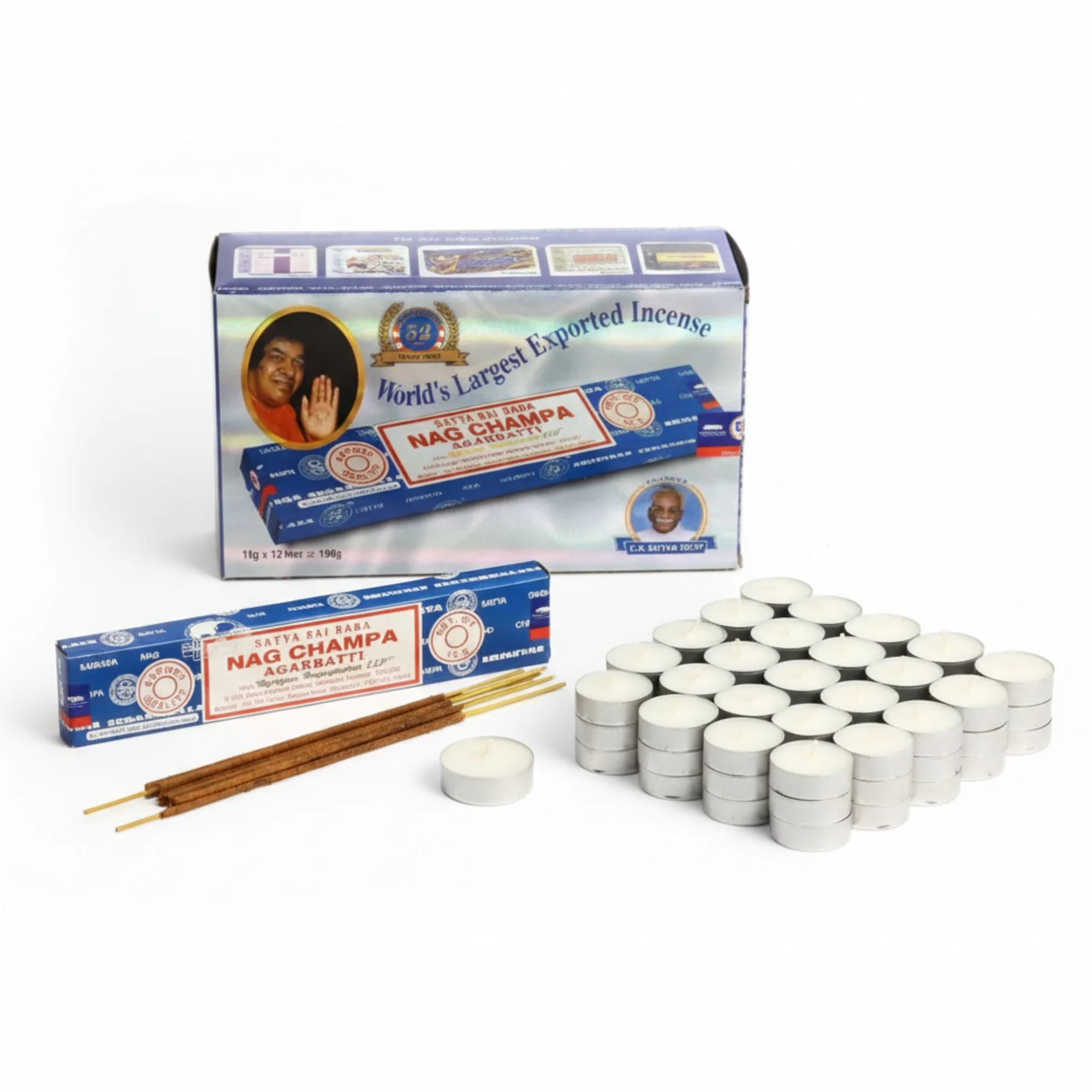 Pack Incienso Nag Champa Satya Sai Baba + 50 Velas Tealight | Aroma Relajante, Artesanal y Duradero | Ideal Hogar