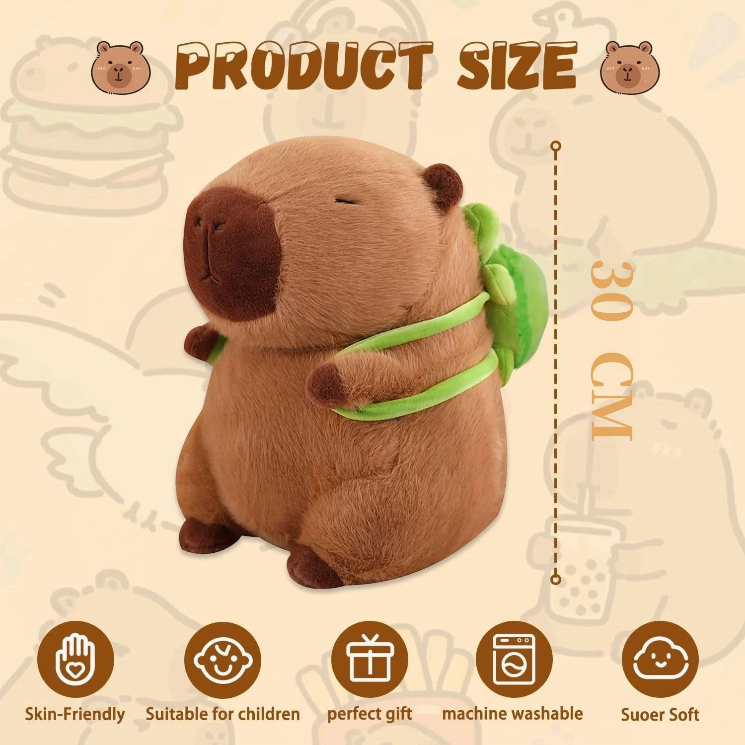 Capybara Plush Toy, 30CM Capybara Plush Toy, Capybara Stuffed Plush Toy, Capybara Animal with Turtle, Brown Plush Soft Toy with Green Details