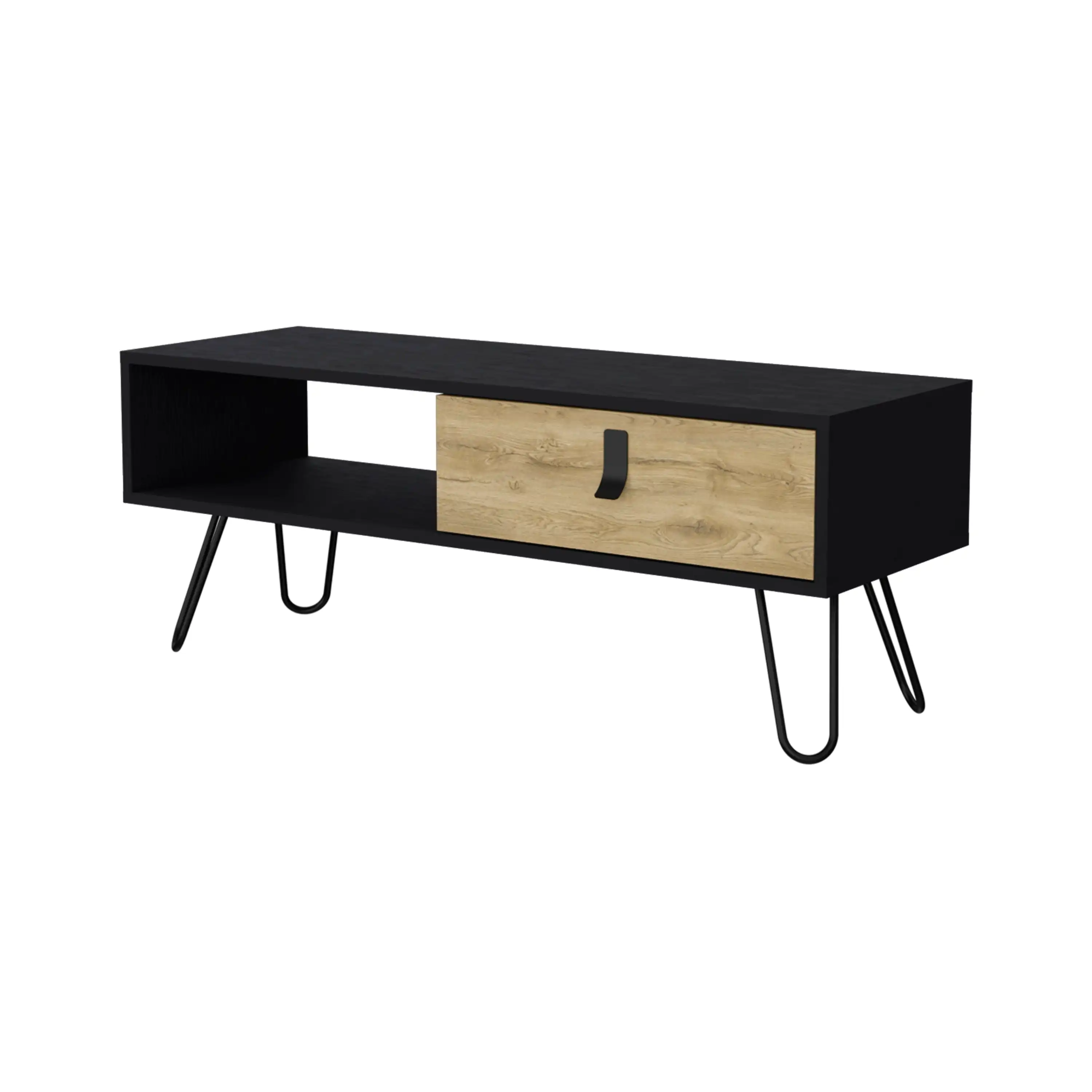 TUHOME Mesa de Centro Kimball con Cajón y Patas Hairpin, Negro / Macadamia Altura: 40 cm | Largura: 104 cm | Profundidade: 36 cm