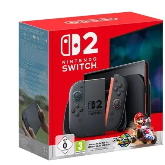 Nintendo Switch 2 Console + Mario Kart World (CIAB) - 256GB Storage, 7.9" LCD 120Hz Screen, Wi-Fi 6, Bluetooth, 3-Year Warranty - European Version - Portable Console for Retro Games and Classic Games.