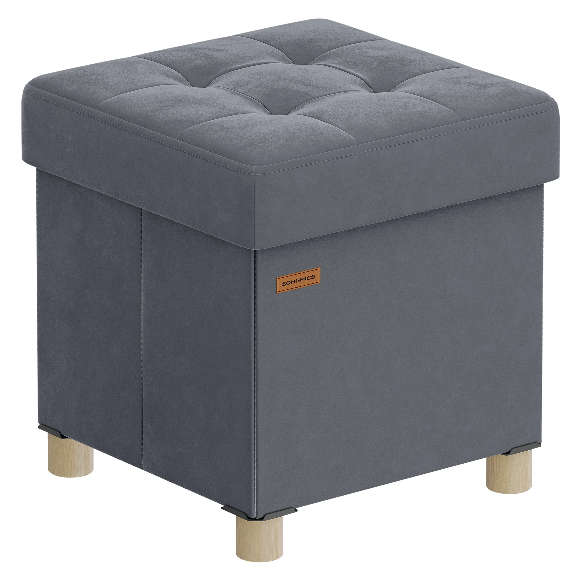SONGMICS Puff Almacenaje Pequeño, Banco Plegable, 38 x 38 x 40 cm, Reposapiés, 37 L, Superficie de Terciopelo, para Dormitorio, Sala de Estar, Dormitorio, Gris Pizarra/Rosa Jalea/Beige Capuchino
