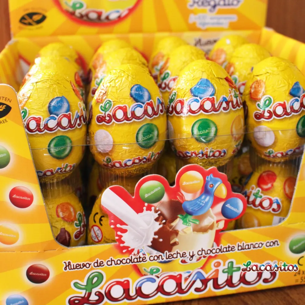 Lacasitos eggs-contains 24 units of 23g-delicious milk chocolate egg and white chocolate with double surprise inside: 3 lacasitos + Surprise collectible!