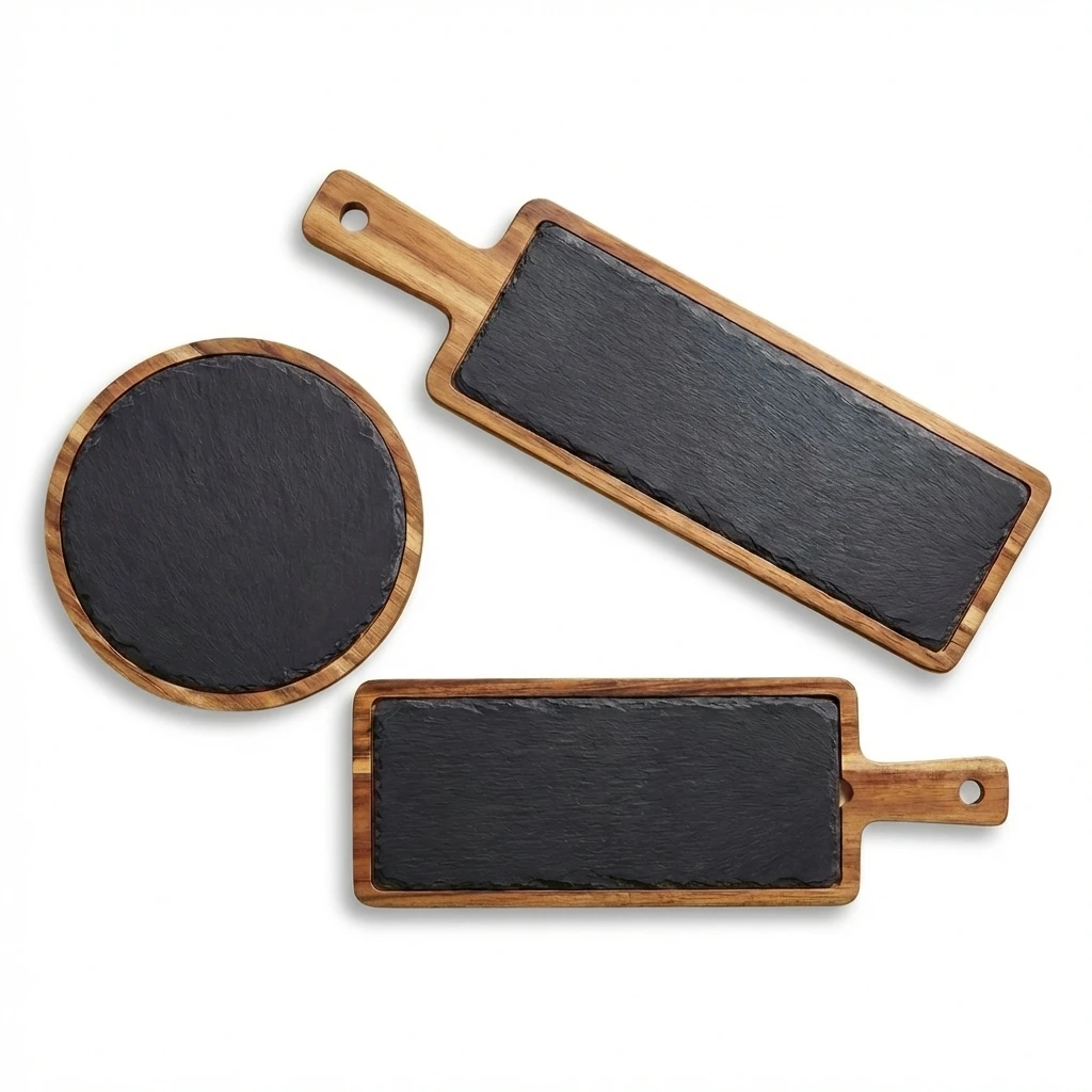 SANTA CLARA | Bandejas de Pizarra con Base y Mango de Madera Acacia (30x12x1,5cm, 40x12x1,5cm, 23cm Redonda), Fuentes de Servir Gourmet para Aperitivos, Quesos y Tapas, Set Pack 3, Bandejas