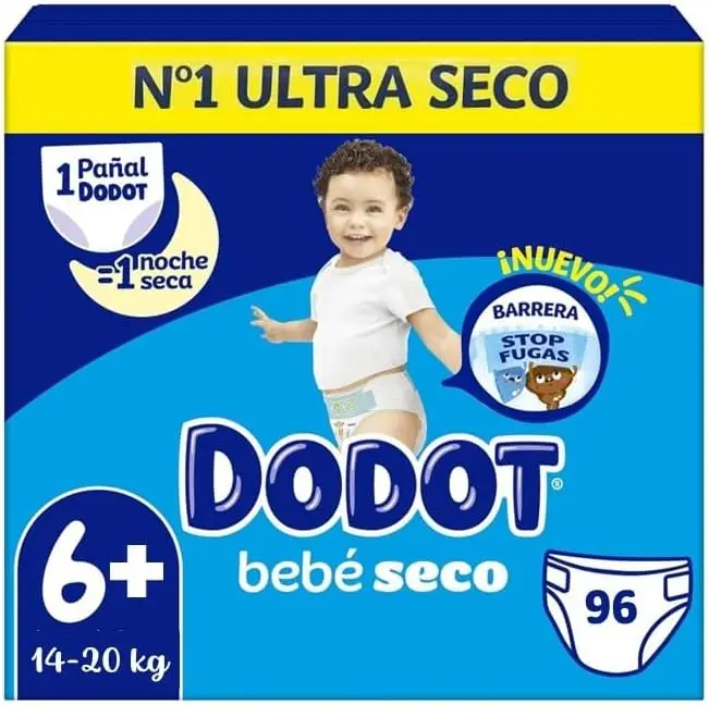 Dodot Pañales Bebé-Seco Talla 6 + (14-19kg) | Pack 96 Unidades | Máxima Absorción y 100% Protección Nocturna Antifugas