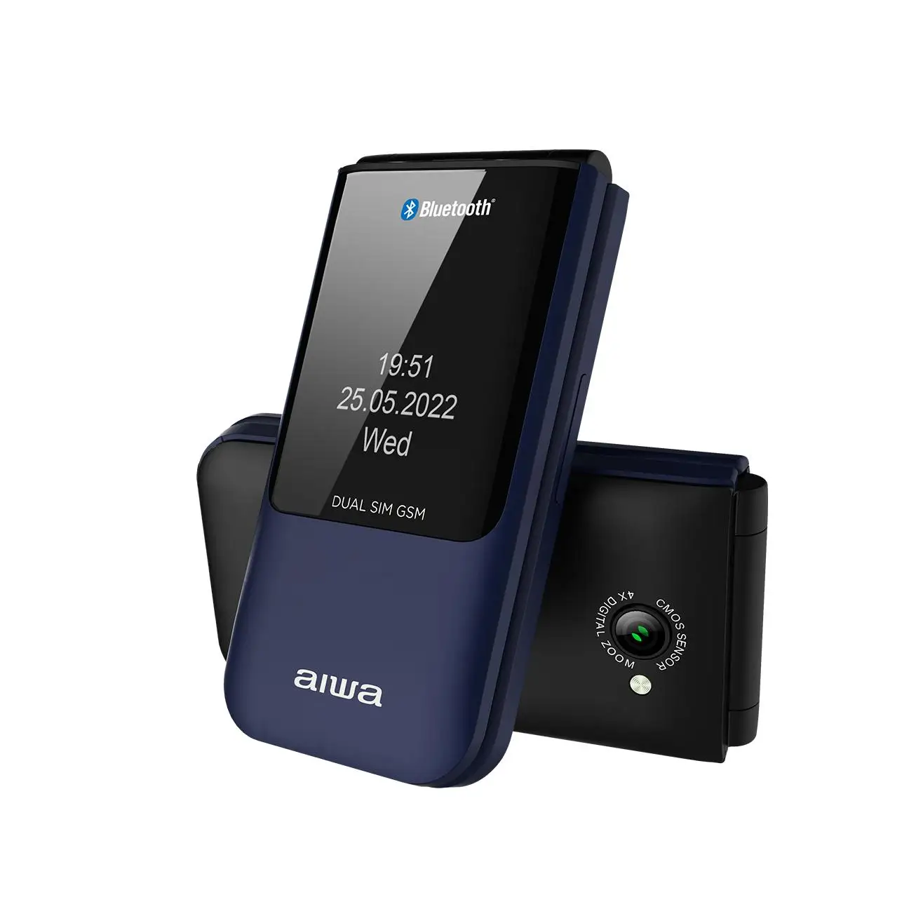 Aiwa fp-24bl senior 2.4"" mobile phone with dual screen, dual sim, bluetooth, 32mb ram + 32 mb rom, microsd, slim design, blue