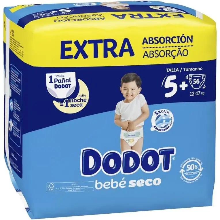 Dodot Pañales Bebé-Seco Talla 5+ PLUS  (12-17 kg) - 56 Pañales con Protección Antifugas - Pack Talla 5+ Plus Jumbo