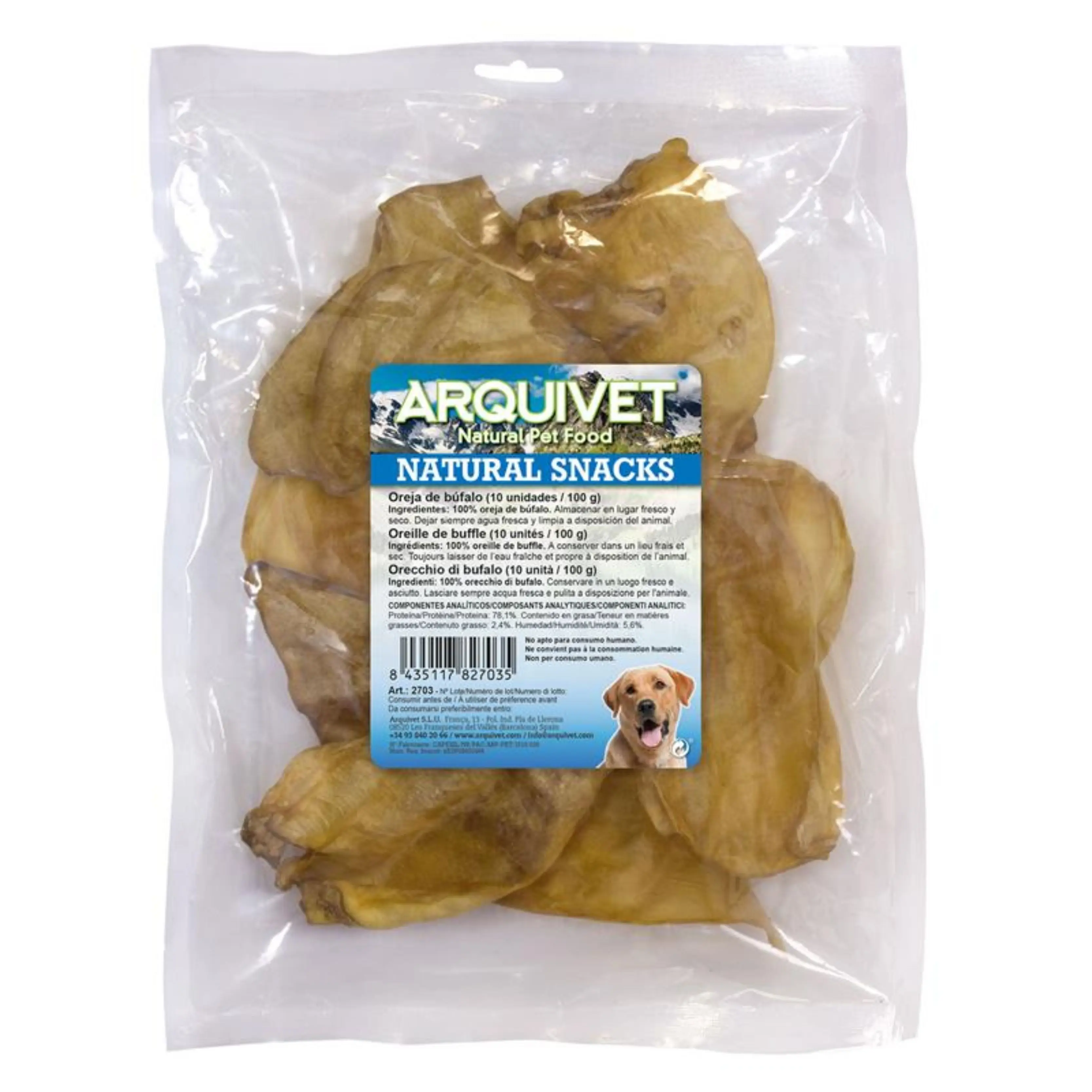 Oreja de bufalo deshidratadas - Bolsa 10 uds - Snacks 100% Natural para Perros - Chuches, premios, recompensas, golosinas, chucherías para Perros - Snack Ahumado - Higiene Dental - Arquivet