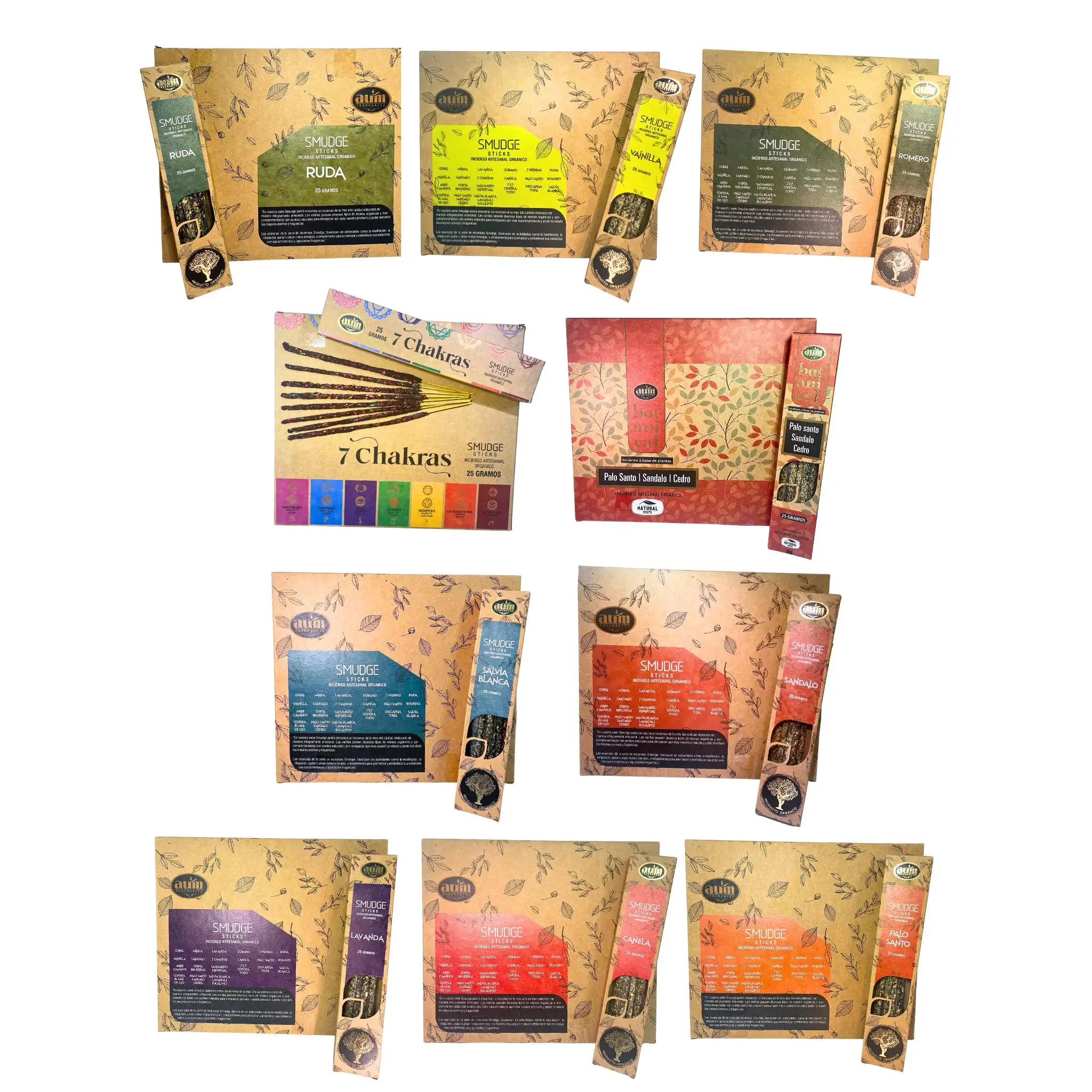 Aum organic incense 3/6/12 boxes of 25g, handmade in india with natural ingredients, no toxic products, organic, organic artisanal incense, organic smudge sticks, palo santo, sandalwood, cinnamon, white sage, rue, vanilla, lavender, rosemary
