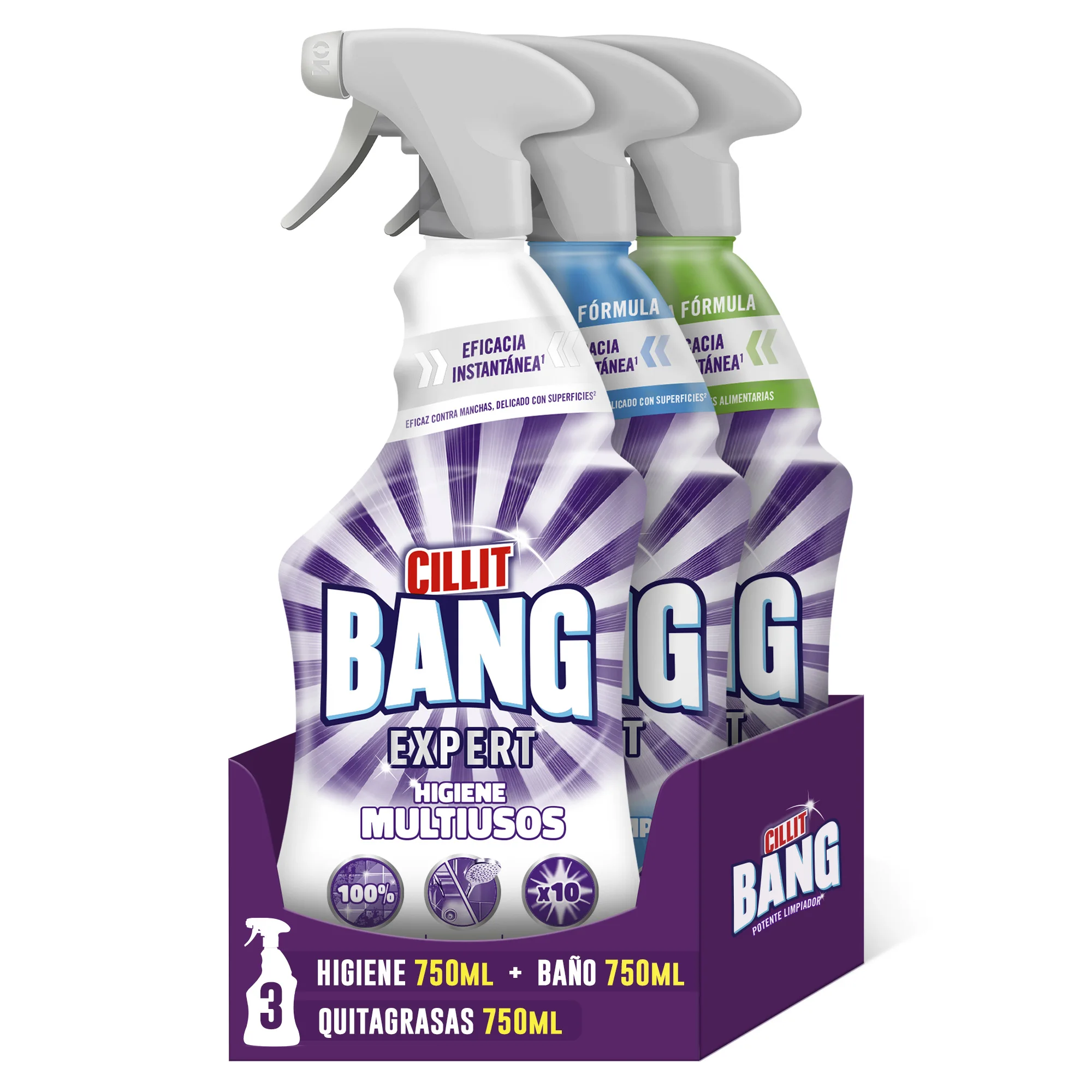 Cillit Bang - Pack 3 sprays 750ml (1 Lejía e Higene Baño, 1 Quitagrasas Cocina 750ml, 1 Ultra Baño Brillo 750ml)