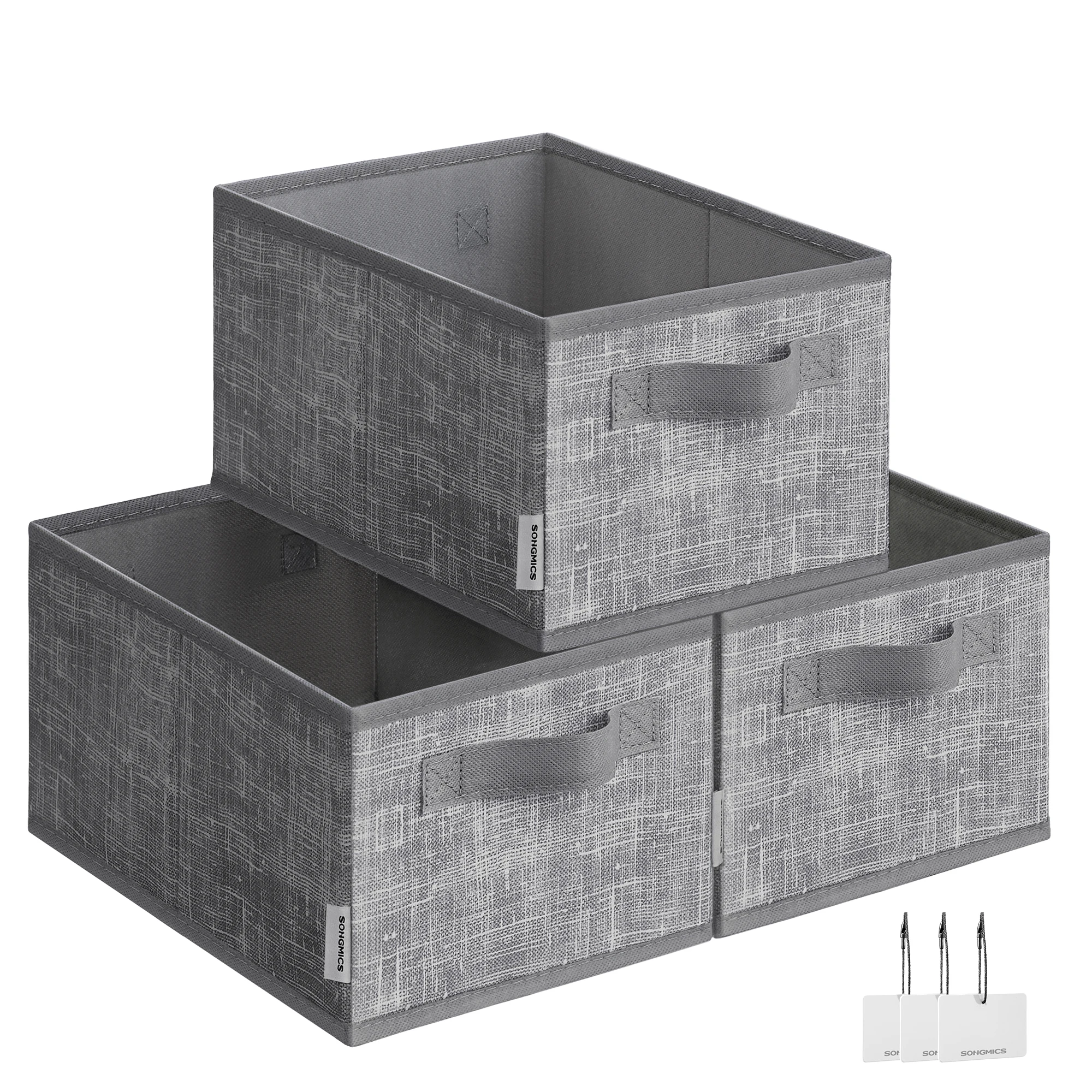 SONGMICS Scatole portaoggetti pieghevoli, set di 3 cestini in tessuto, 30 x 20 x 15 cm, organizzatori per armadio, 2 maniglie, porta etichette, per camera da letto, soggiorno, grigio