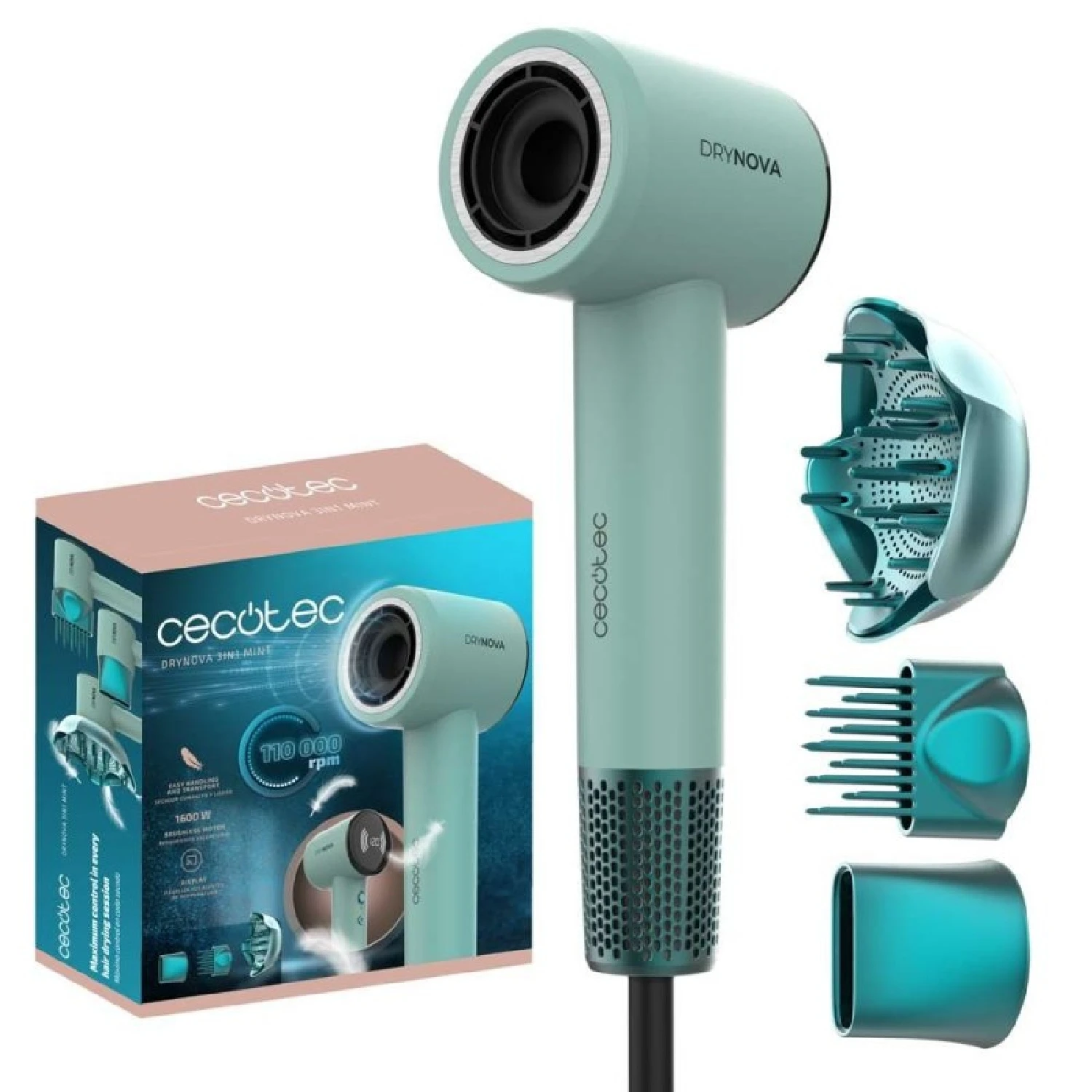 Cecotec Secador de Pelo Compacto y Ligero DryNova 3in1 Mint. 1600W, 110000RPM, Motor Brushless, Voluminizador