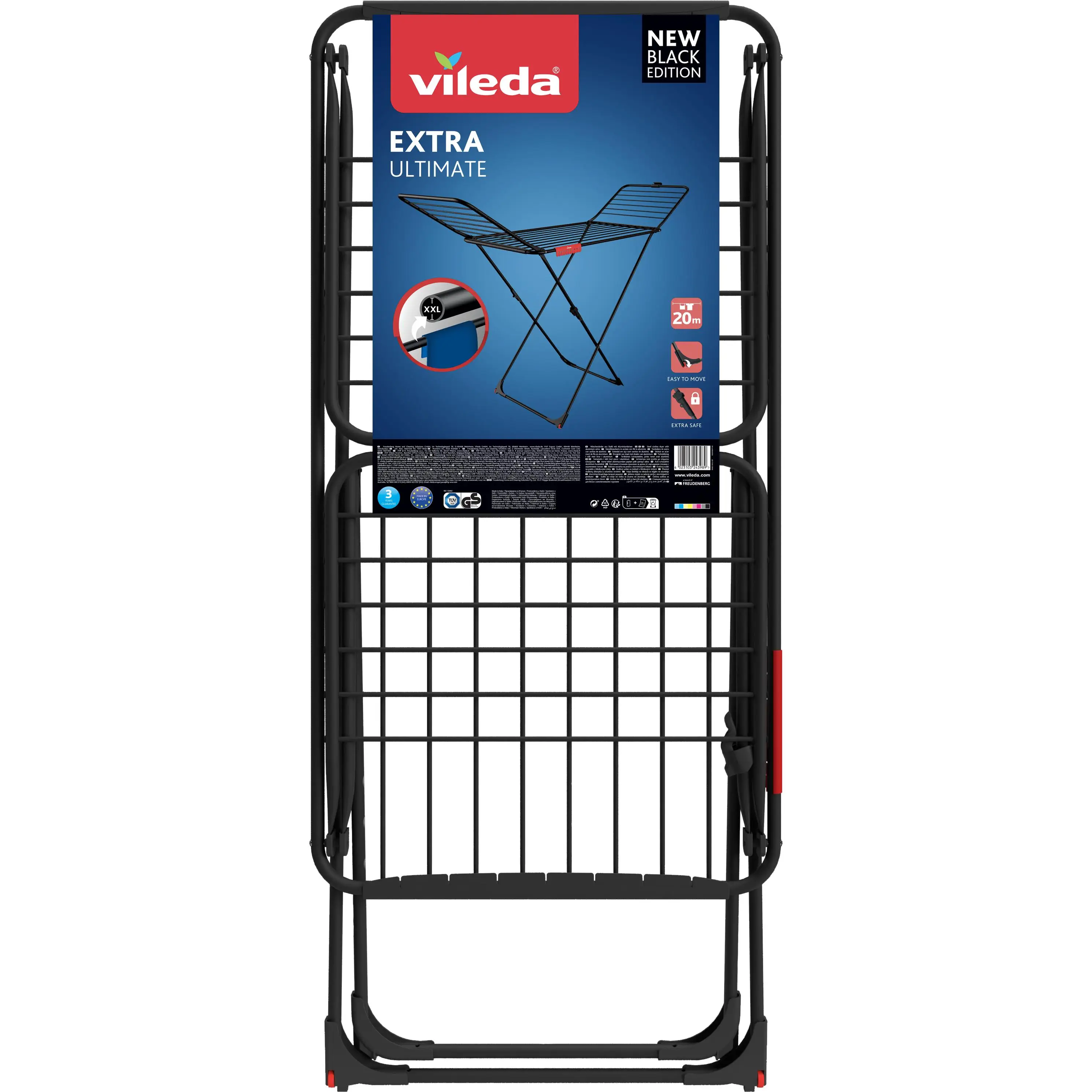 Vileda I Tendedero Extra Ultimate I Tendedero con patas X en edición negra I con 20 metros de secado I Soporte con pinzas y ruedas, 1 unidad.