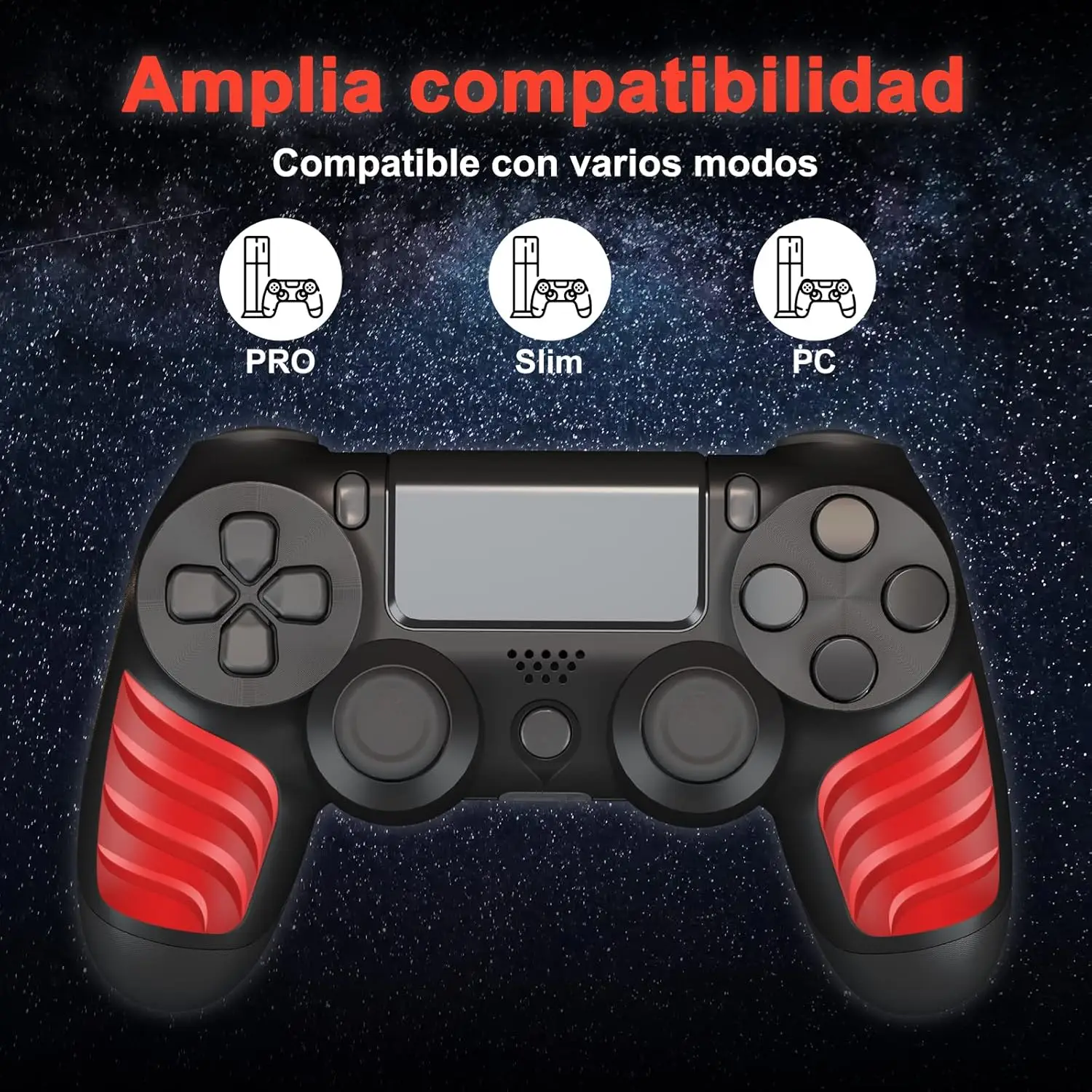 Wireless Controller for PS4, with double vibration, 6-axis motion sensor, and 1000mAh battery for up to 10 hours use; includes USB charging cable and thumb grips for enhanced gameplay experience.