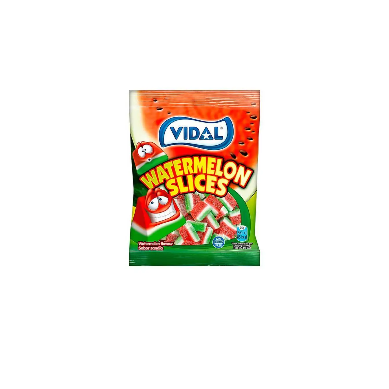 Gominolas de Vidal Tajadas de sandía 14 bolsas de 90 g - Un clásico de las golosinas. Refrescantes gomitas con forma de tajada de sandía recubierta de una fina capa de polvos pica. Su sabor a sandía te conquistará - Sin gluten y sin grasa