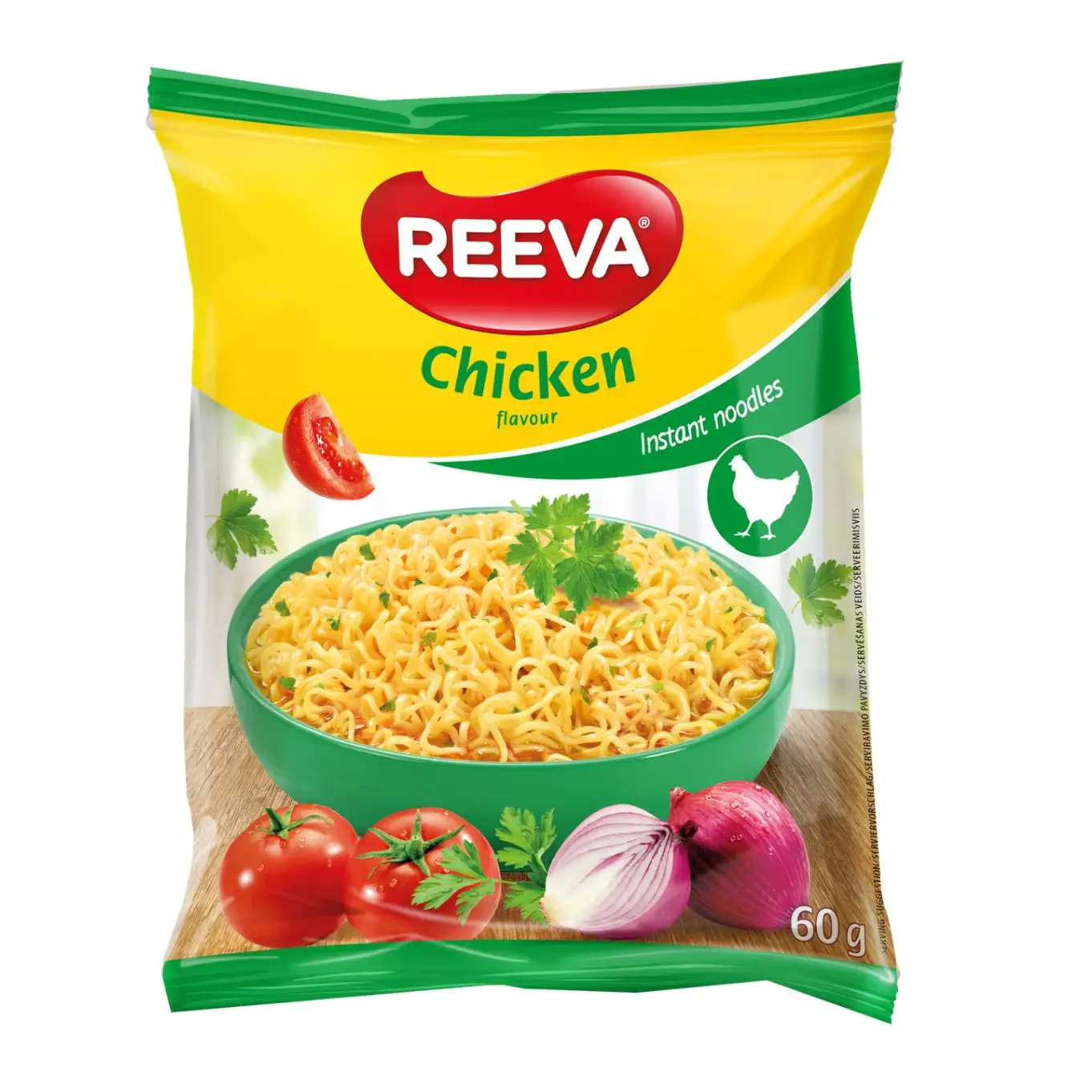 Reeva noodles-instant noodles 24 PCs in envelope or 12ud in glass-chicken, meat, bacon cheese, vegetables, chicken curry, spicy chicken