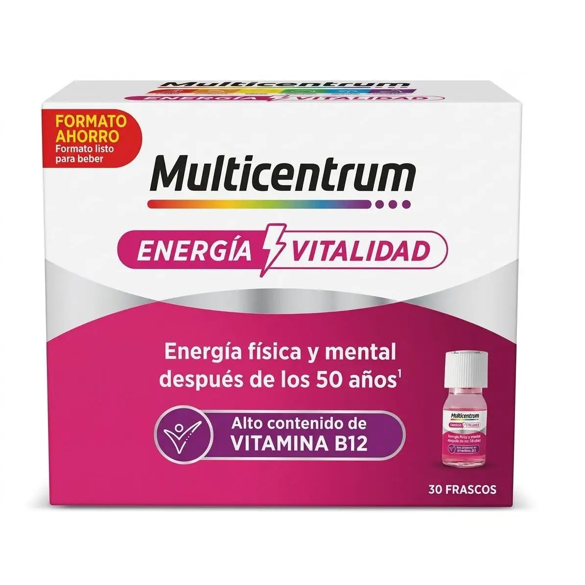 Multicentrum Energía y Vitalidad (30 Frascos Monodosis) - Complemento Alimenticio con Vitamina B12 y Aminoácidos - Sabor Frambuesa - Acción Rápida contra el Cansancio