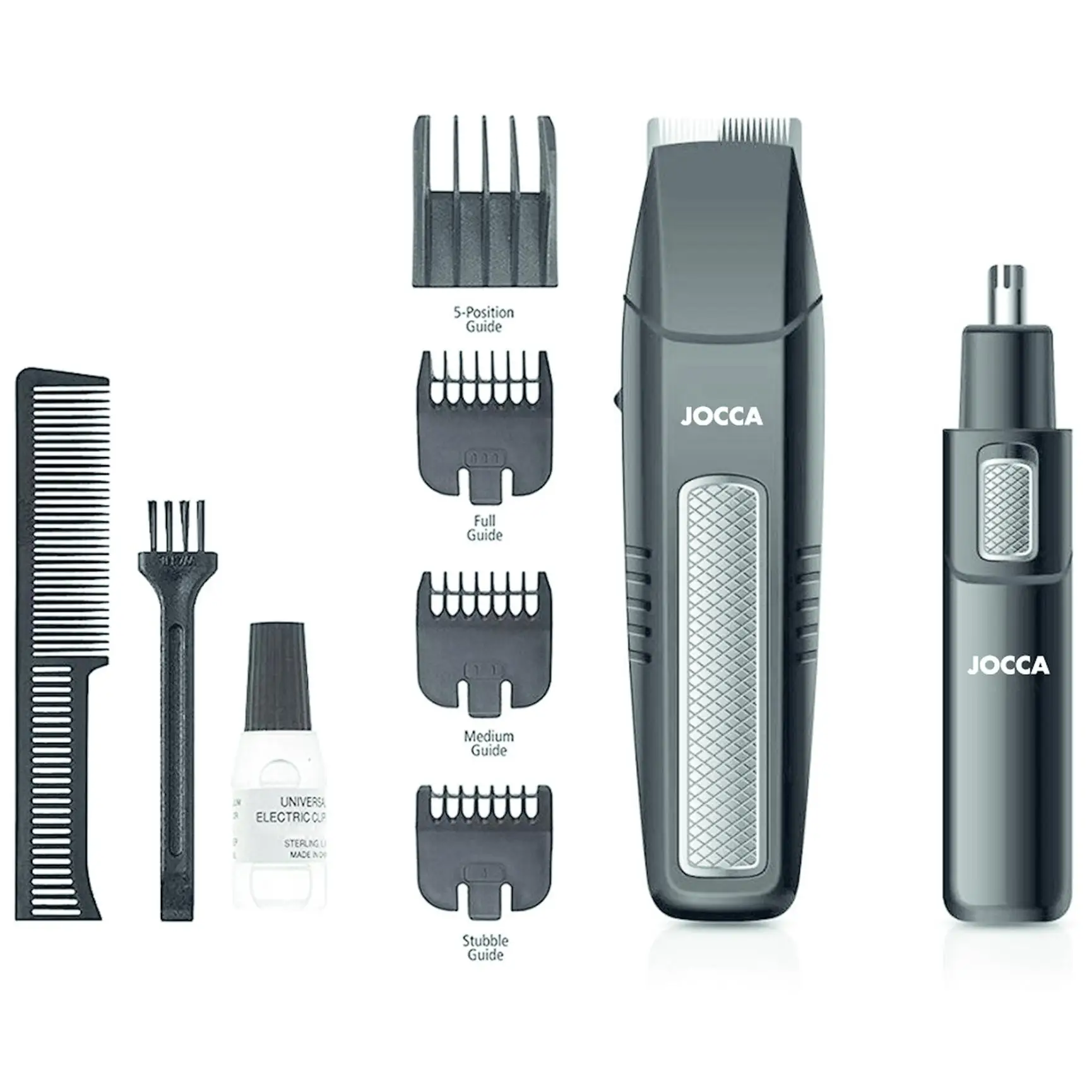 Set de afeitado Jocca para barba, bigote y cuerpo. Cortapelos para nariz y orejas. Recortadora con 4 peines guía con cuchillas de acero inoxidable.