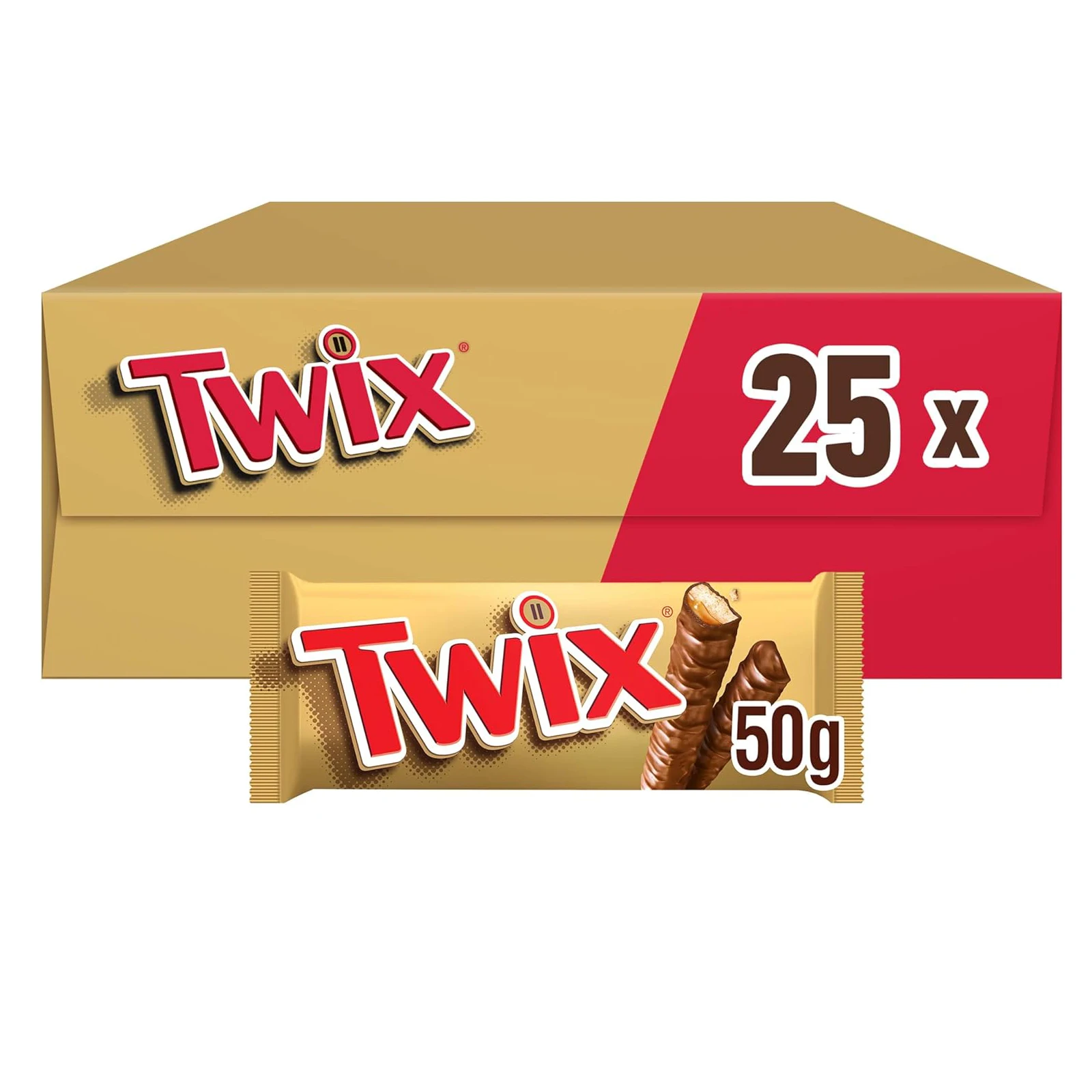 Twix Chocolatina con Galleta crujiente y suave caramelo recubiertos de chocolate con leche (25 x 50g)