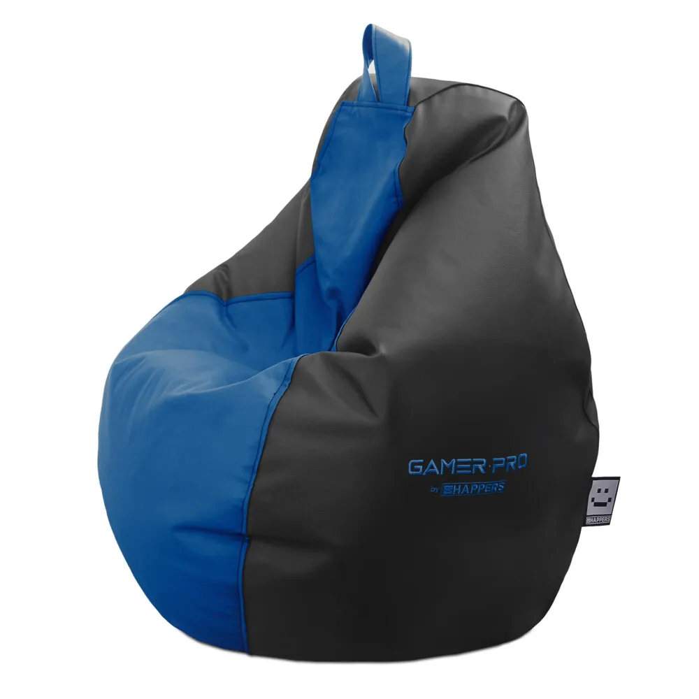 HAPPERS Puff Gamer PRO Polipiel Azul XXL Ergonómico con Respaldo Alto