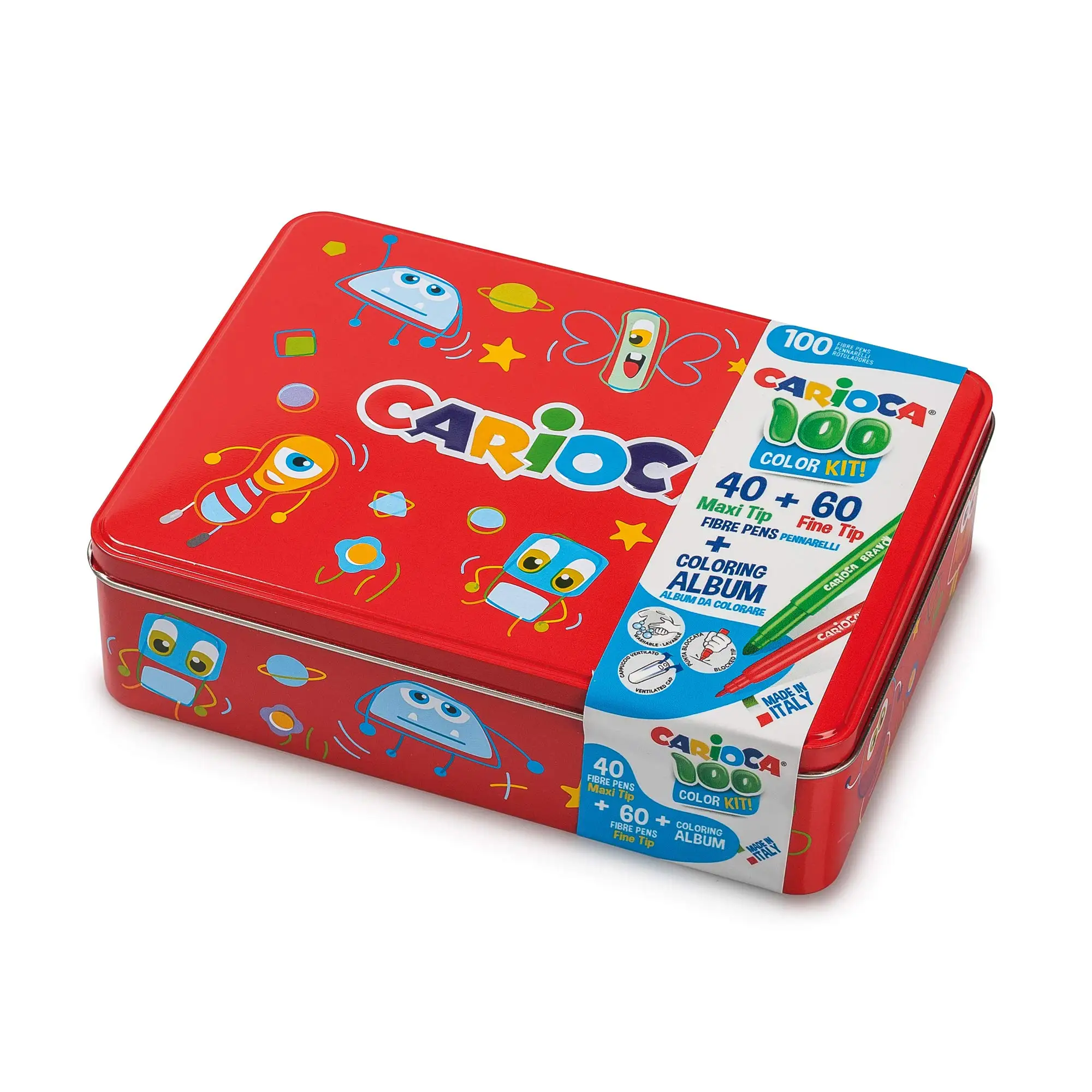 Carioca Color Box | 100 Super washable pens | Red Metal Box | Fine tip and Maxi tip | Coloring album