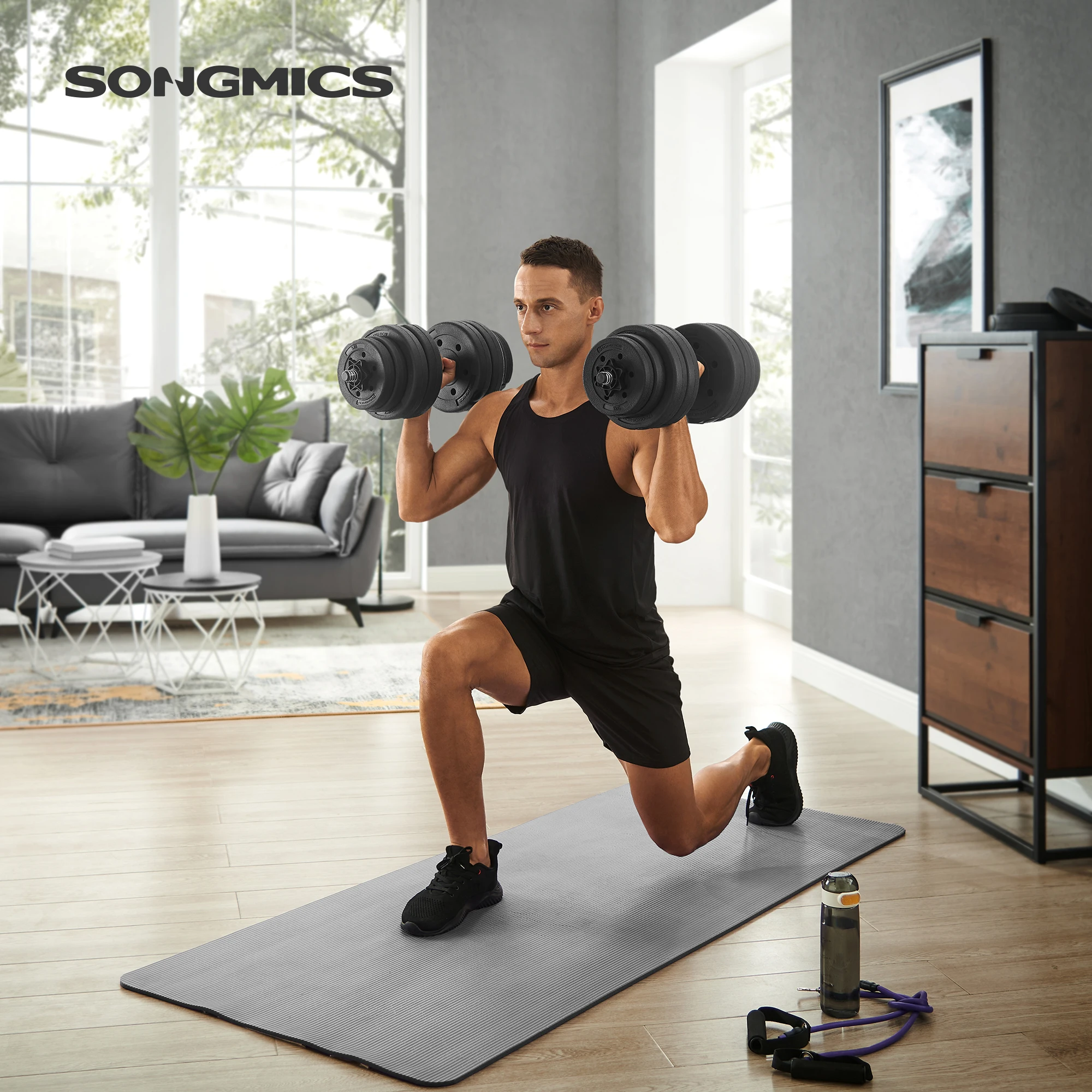 SONGMICS Fitness Dumbbells 30 kg Adjustable Weights Set for Home Gym, featuring non-slip design, durable PE cover, and versatile weight options including 16 plates (8x2.5 kg, 4x1.25 kg, 4x1 kg) for customized training.