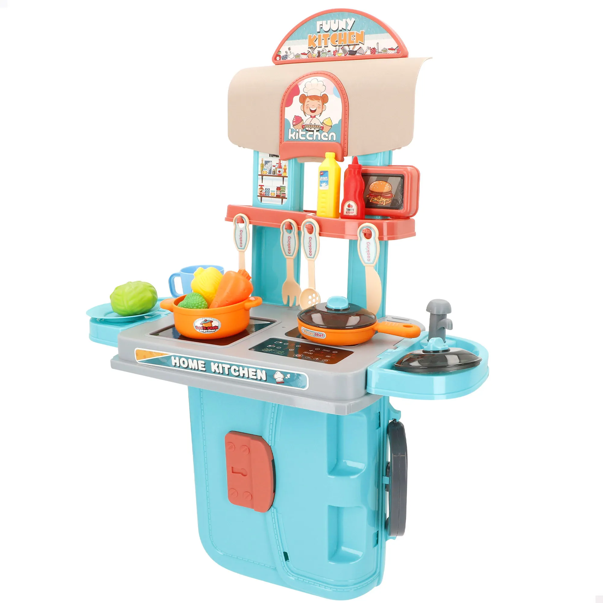COLORBABY My Home - Maletín cocina infantil, 3 en 1, color azul y beige, mide 40x23x40 cm, incluye 16 accesorios, utensilios para cocinar, juego simbólico, cocinas infantiles, juguetes cocinar, juego