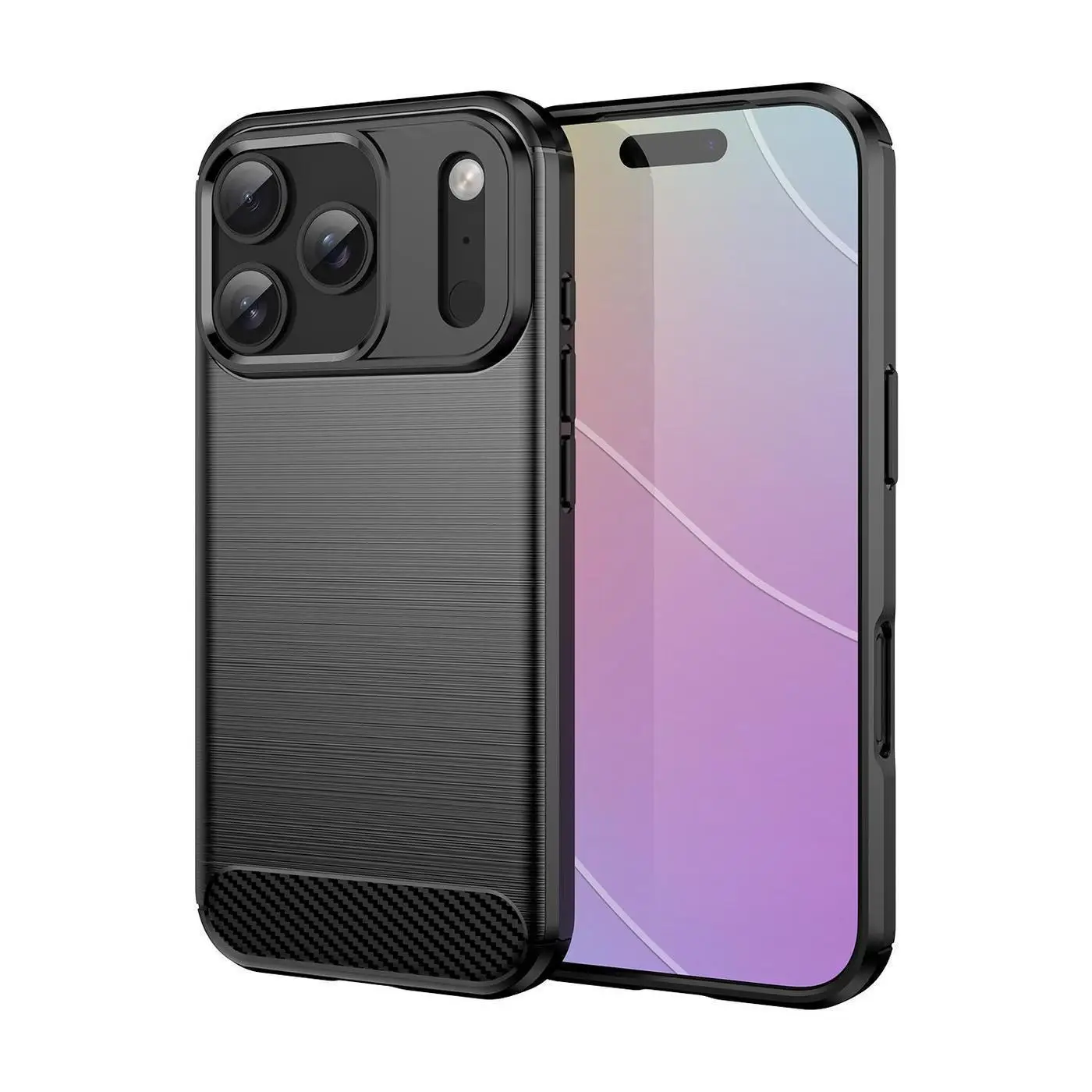 Funda silicona iPhone 17 Pro Max, alta protección e inserciones símil a fibra de carbono negro