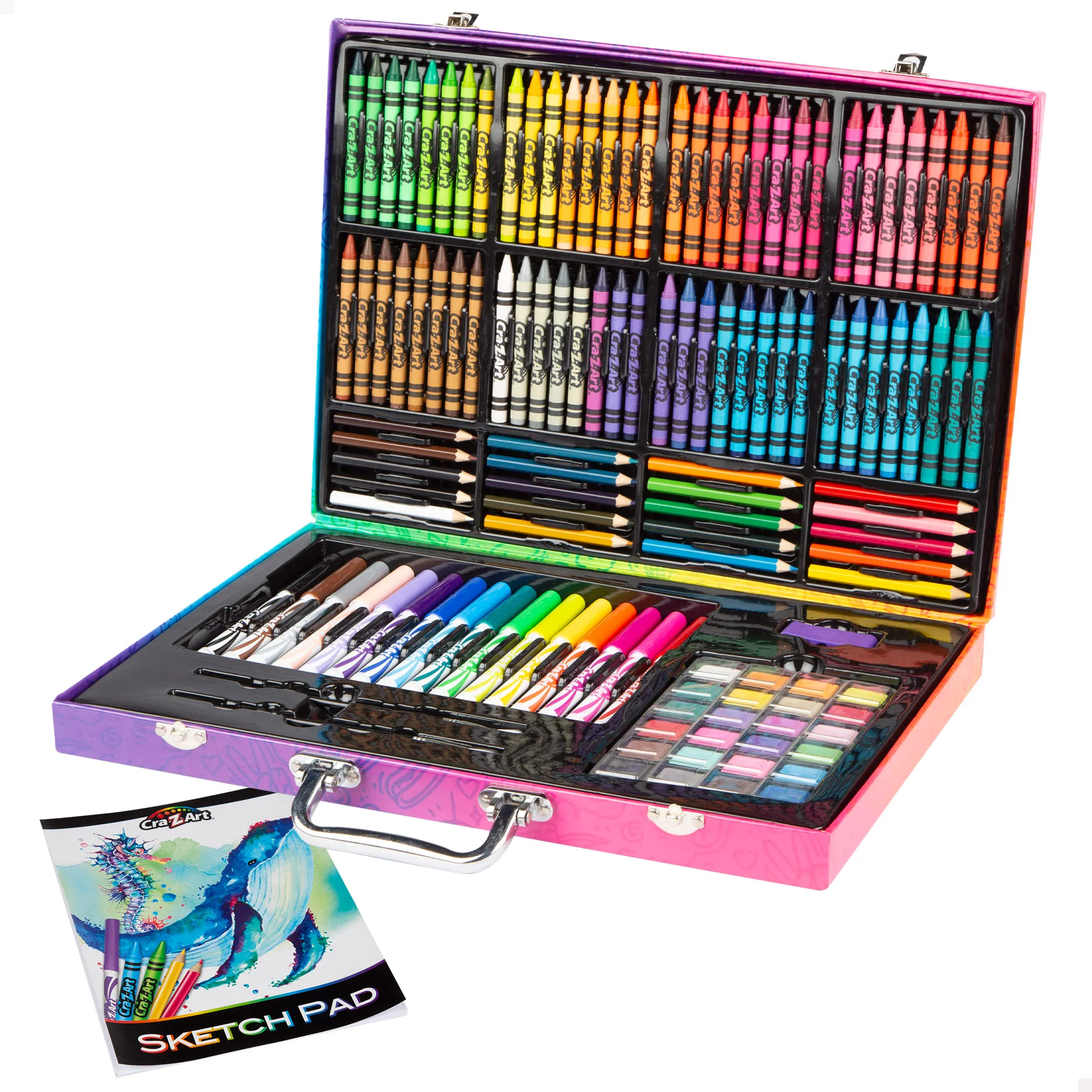 Cra-Z-Art - Estuche de colores para niños, material escolar, incluye crayones, rotuladores, lápices de colores, acuarelas, pinceles, porta lápices, cuaderno con hojas en blanco, estuche colores