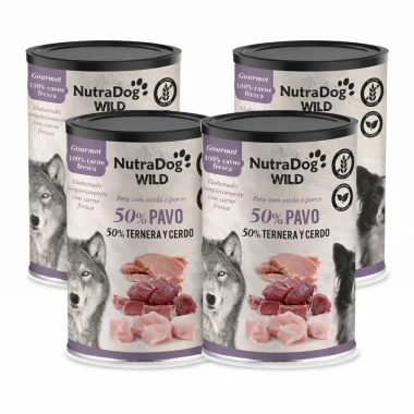 Alimento húmedo 100 % natural de pavo, ternera y cerdo para perros NutraDog WILD Gourmet. Pack Ahorro 4 x 400gr
