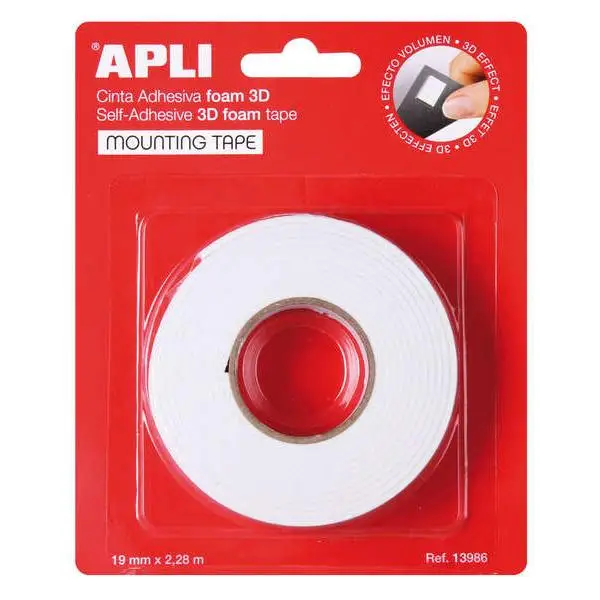 Apli cinta adhesiva doble cara foam 3d - 19mm x 228m - adhesion fuerte y duradera - ideal para manualidades y decoracion - blanco