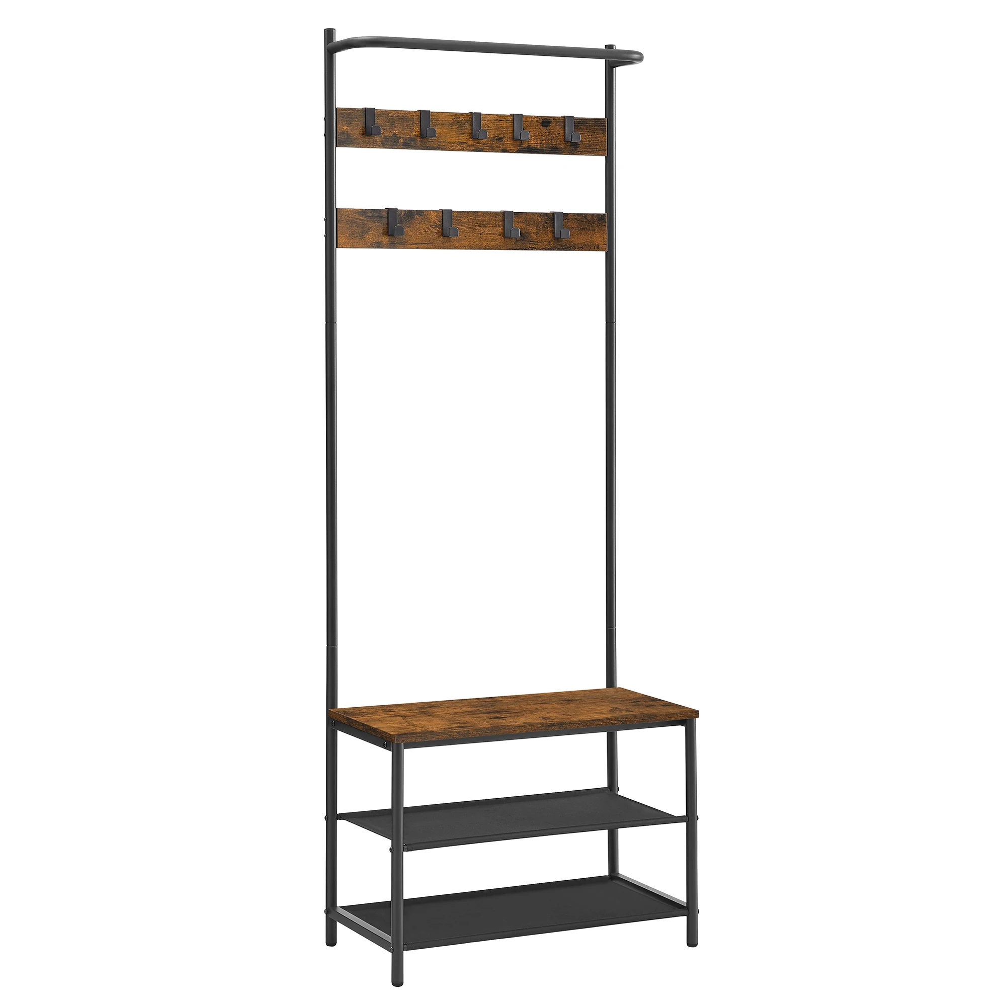 VASAGLE Perchero Zapatero, Perchero Recibidor, con Banco Zapatero, 9 Ganchos ExtraÍbles, Barra Superior, 32,2 x 64 x 180 cm, Entrada Dormitorio, 