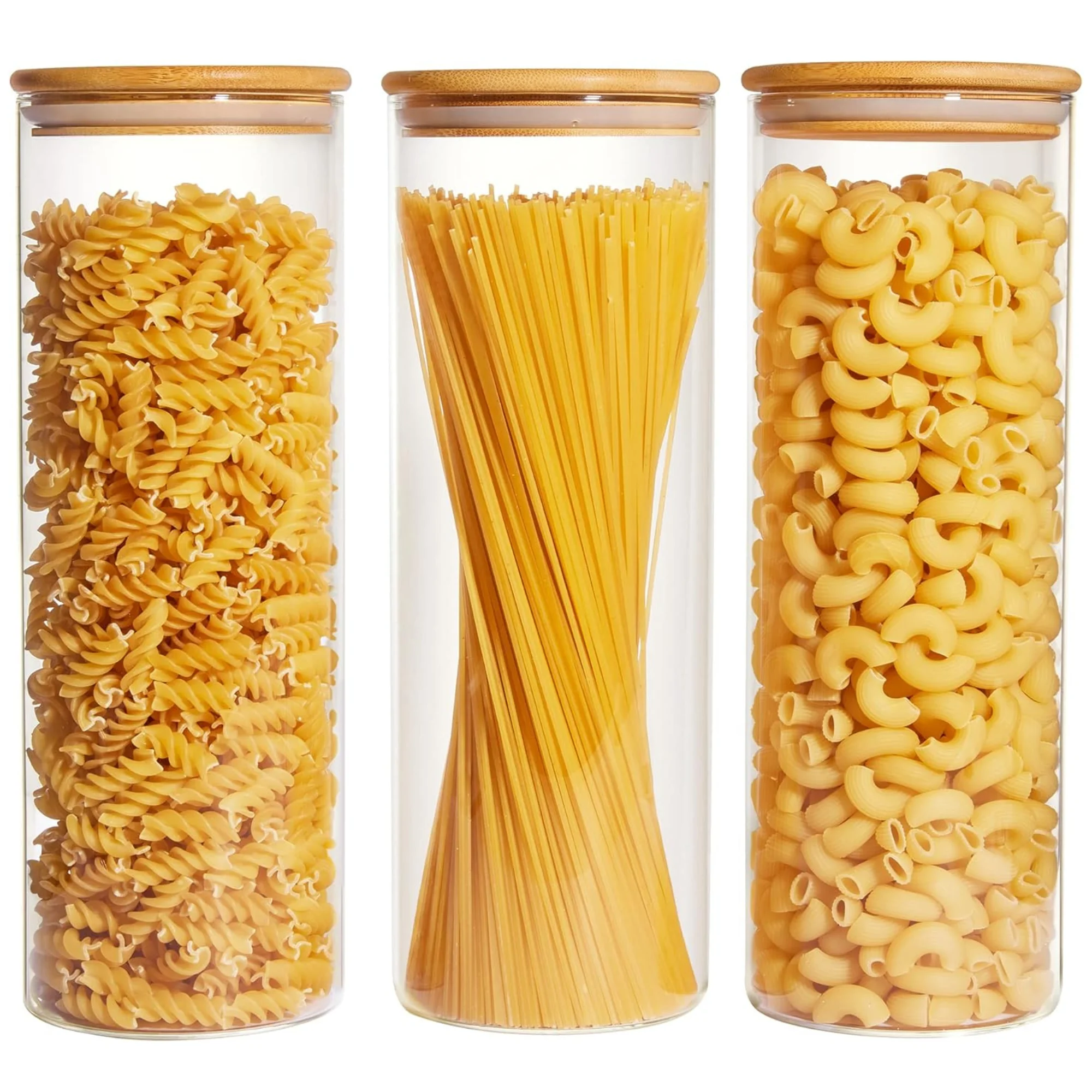 3 Tarros de Cristal con Tapa de Bambú – Herméticos y Resistentes, para Almacenaje de Pasta, Arroz, Especias y Alimentos Secos, Vidrio de Borosilicato Reforzado, Transparentes y Elegantes - Incluye