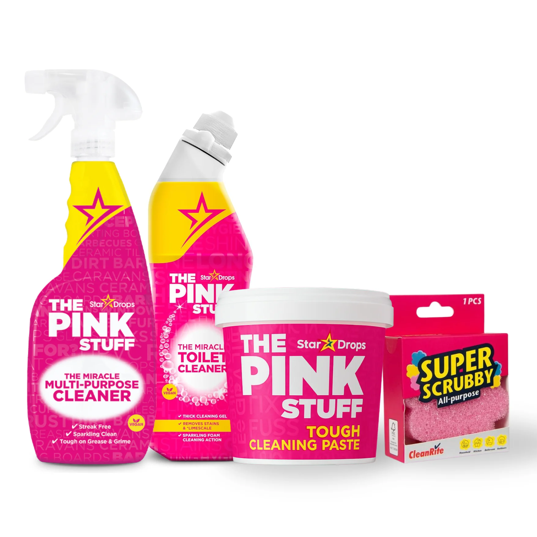 The Pink Stuff Stardrops Spray Multiusos 850ml + Gel WC 750ml + Pasta Limpiadora 850g – Esponja Super Scrubby de Obsequio - Kit Limpieza Completa The Pink Stuff Stardrops