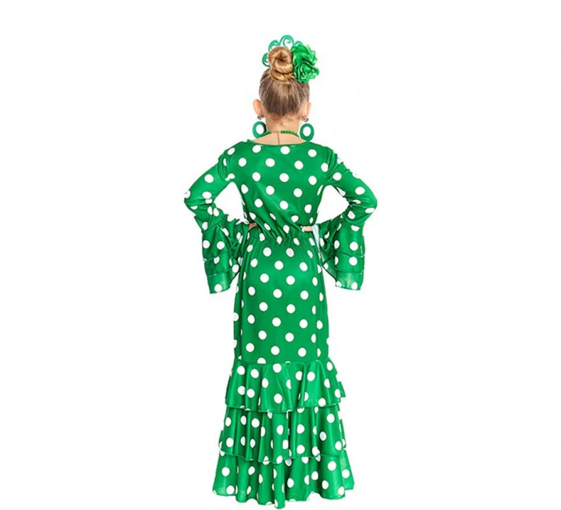 Parland green Sevillana costume with white polka dots for girl