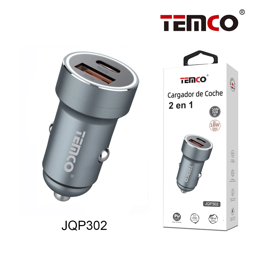 TEMCO 48W Cargador Coche USB Metal Cargador de Coche, PD 30W & QC 18W Cargador Coche Rapido, Cargador Coche Carga Rapida Tipo C con iPhone 14/13/12/11, iPad, Samsung, Huawei Xiaomi y más