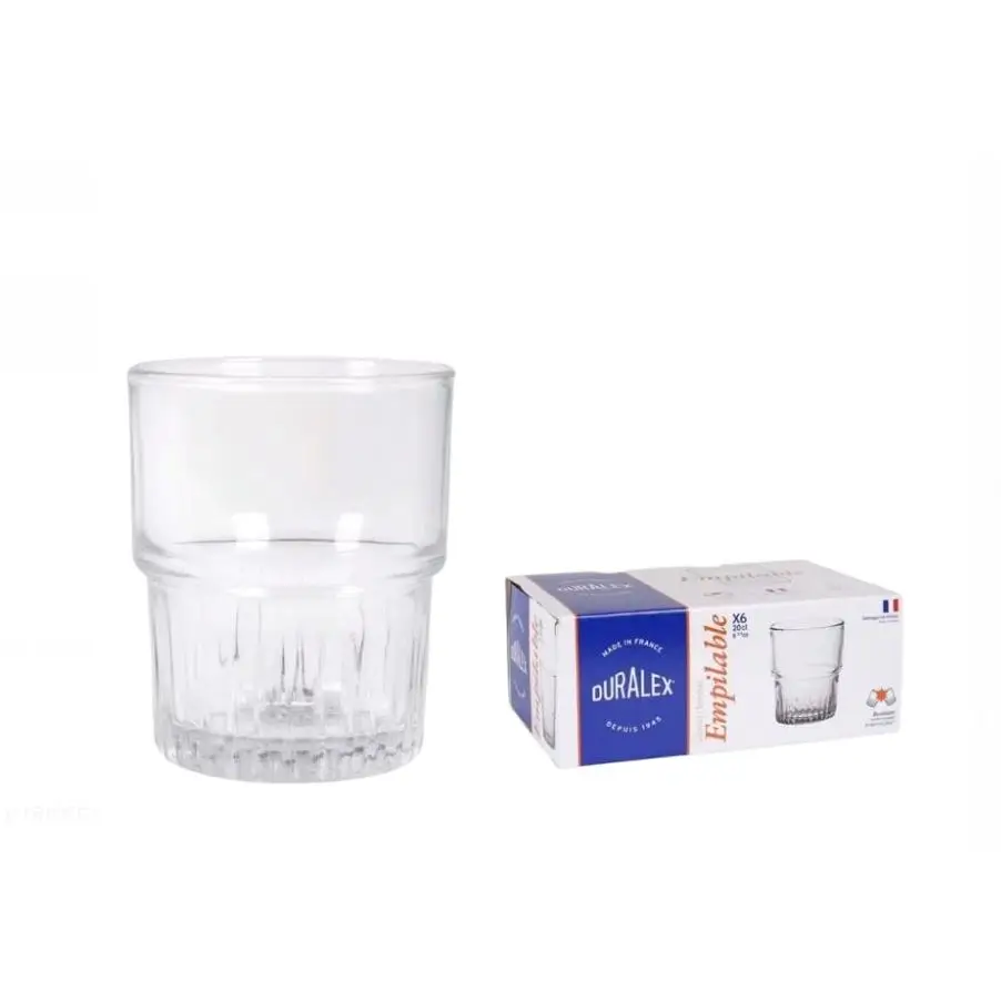 Duralex -Duralex - Set de 6 Vasos de Vidrio Transparentes Apilables 20cl - Set de Vasos para Bebidas Frías y Calientes, Con un diseño atemporal y una construcción duradera apto para Bebidas Frías y