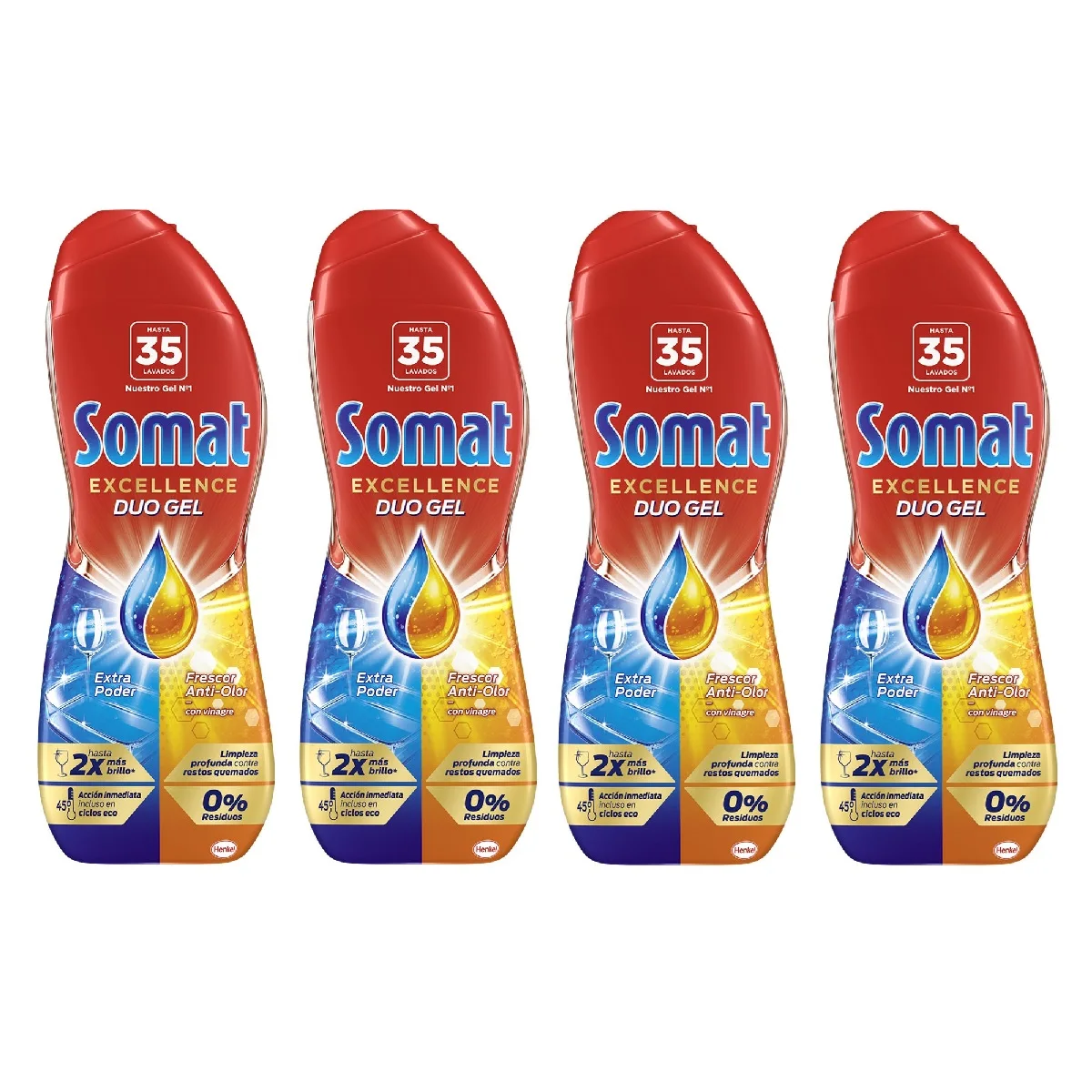 Somat Excellence Duo Gel Extra Poder Frescor Anti-Olor con Vinagre 35 Lavados (Pack 4, 140 lavados) - Detergente lavavajillas desengrasante, Accion inmediata incluso en cilcos eco, Hasta 2x mas