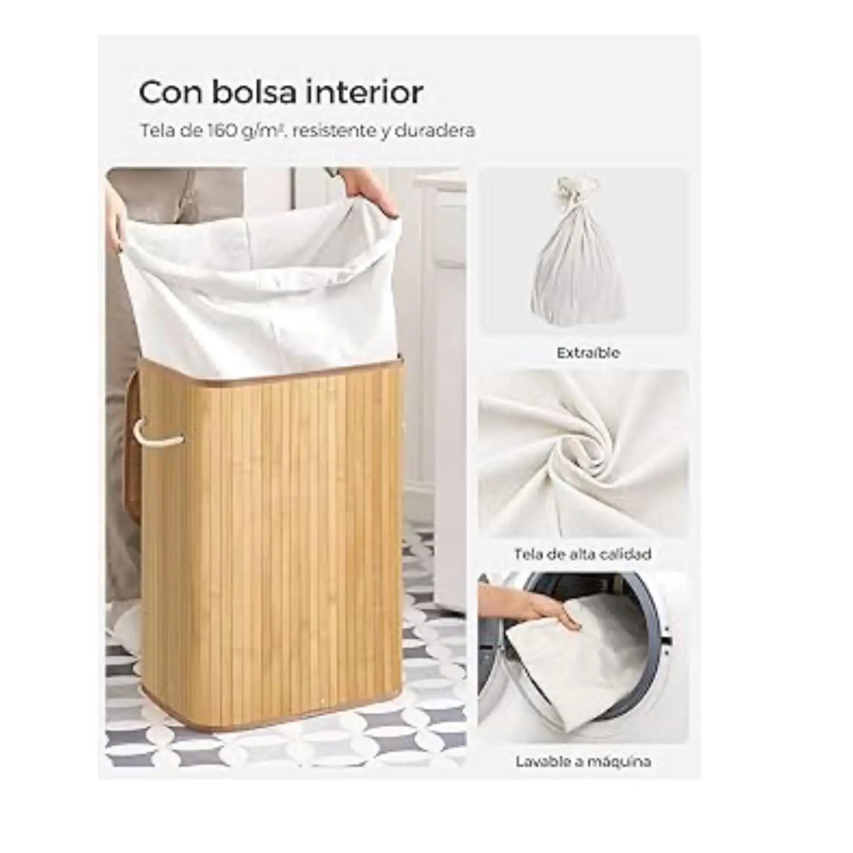 Cesto de la ropa de bambú con Tapa,  Cesto de Lavandería de Bambú, Plegable, para Lavandería, Dormitorio, Natural. 39x29x57 cm