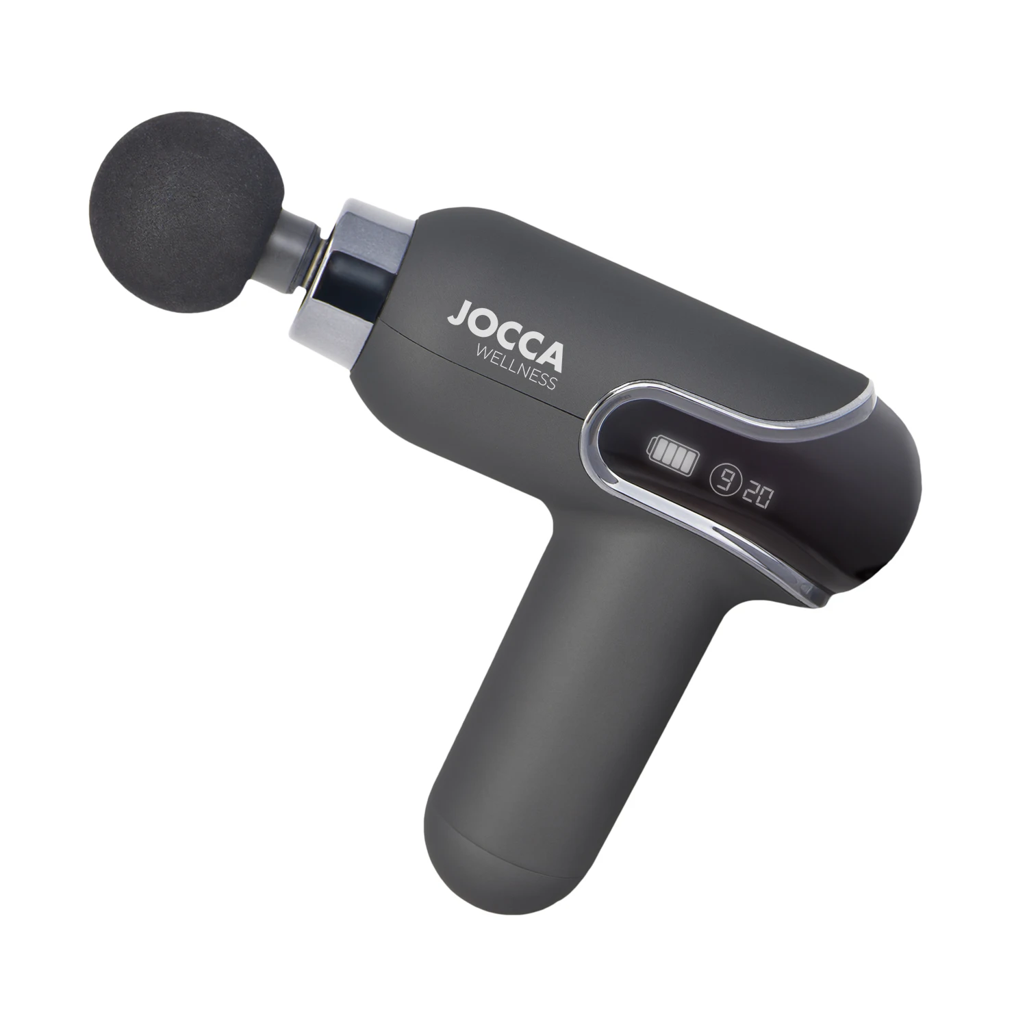 Pistola de masaje Jocca con 9 velocidades, 4 cabezales intercambiables, pantalla LED, mango ergonómico, diseño compacto con estuche de viaje, batería 1500mAh con carga USB. Alivia la tensión muscular y mejora la recuperación deportiva.
