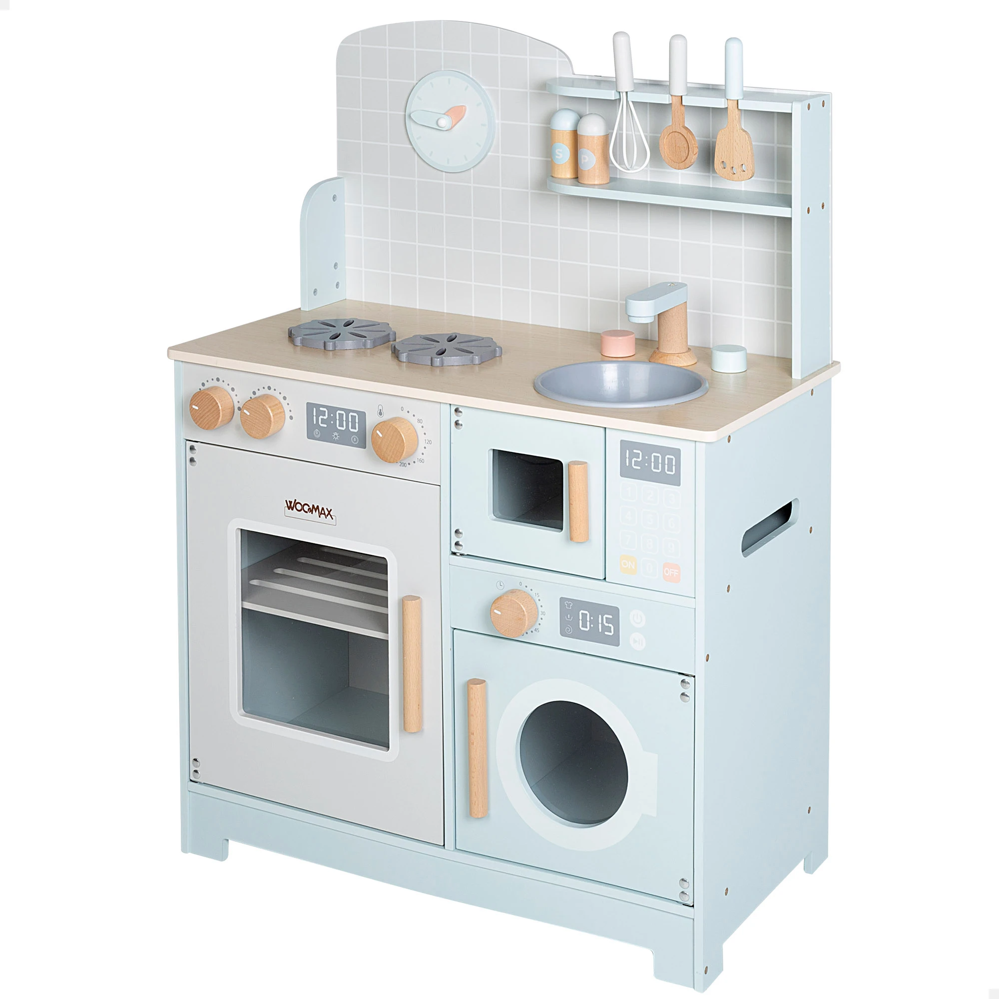 WOOMAX - Cocinita infantil de madera, 60x30x85 cm, Cocina de juguete de madera, Fregadero con grifo extensible, Cocinita de juguete, Juego de cocina para niños, cocinita madera infantil, cocinitas