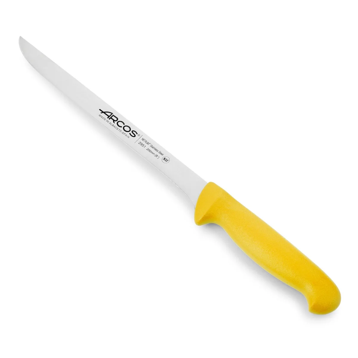 Arcos Cuchillo para filetear con Hoja Acero Inoxidable Nitrum 200 mm. Cuchillo afilado para filetear carne y pescado. Mango ergonómico polipropileno. Serie 2900. Color amarillo.