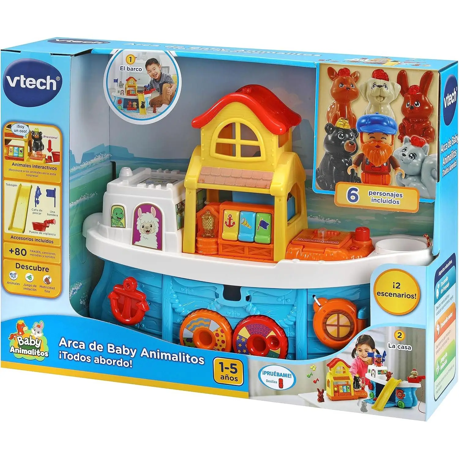 VTech - Arca de Baby animalitos , Juguete de arrastre, Playset interactivo +1 año, Modo barco y modo casa, Versión ESPAÑOLA