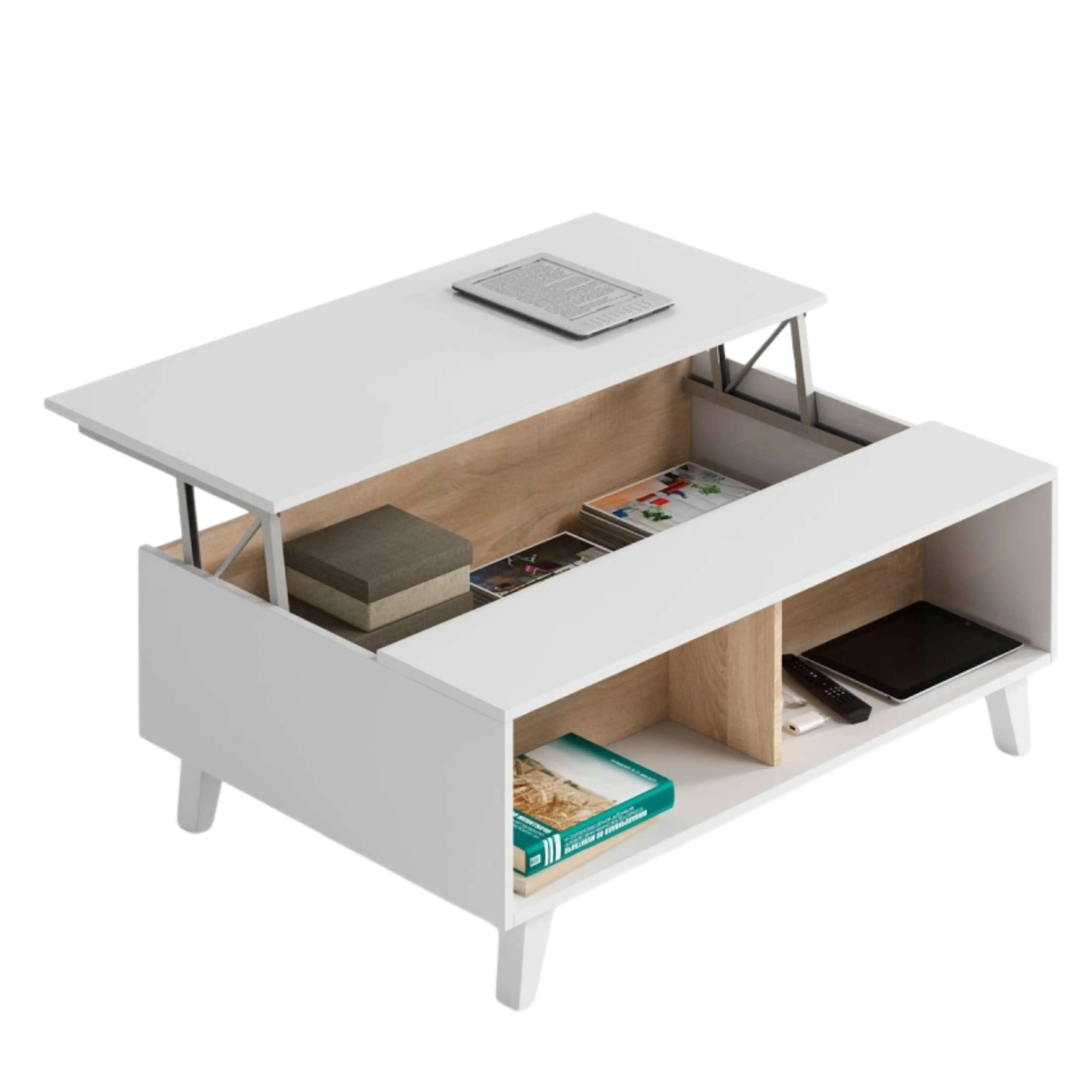 Miroytengo Mesa de centro elevable para salón comedor elevable en color blanco mate y roble artesano 100x38x68 cm