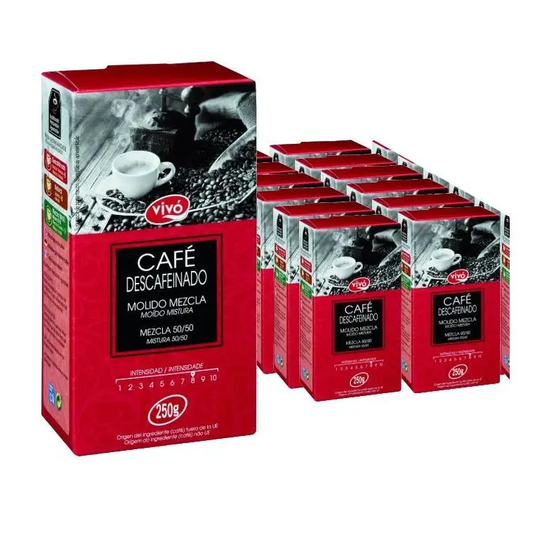 PACK AHORRO de 12 paquetes de Café descafeinado molido mezcla 50/50  VIVO 250 g