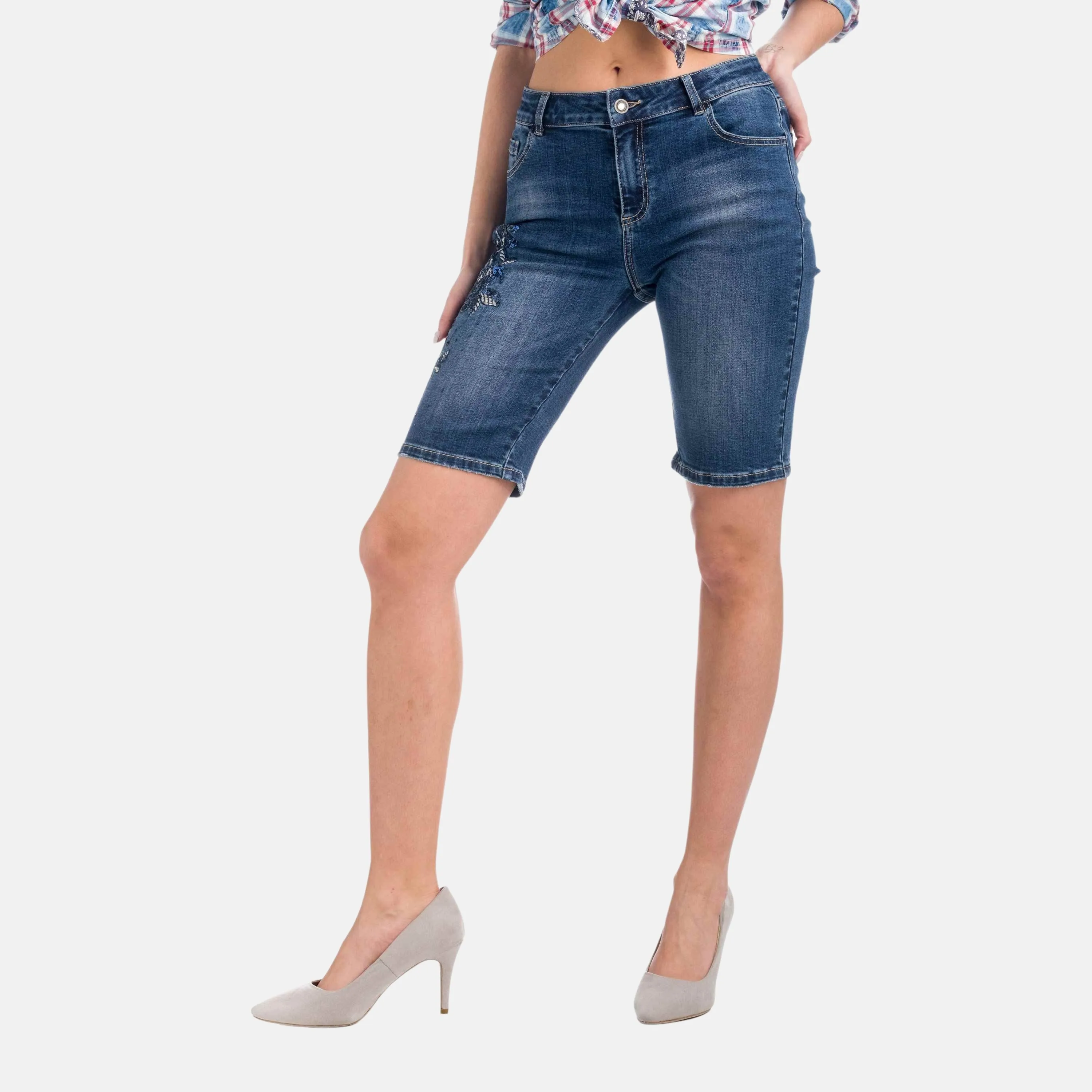Koroshi Pantalón short pirata denim flores oscuro | look diario
